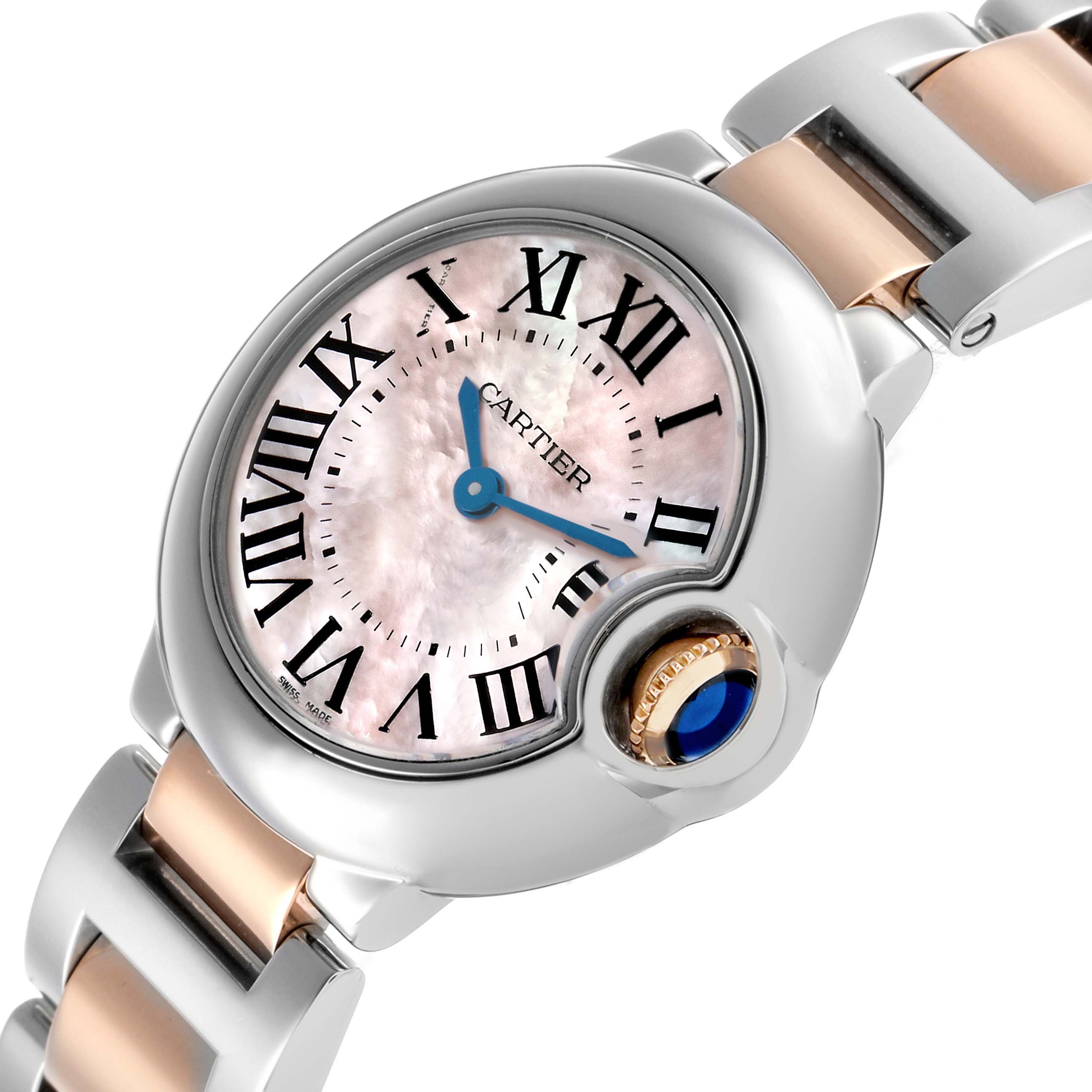 The Cartier Ballon Bleu W6920034 Women's Steel and Gold (two tone) Mother of Pearl Dial watch is shown at a tilted angle, highlighting the face, Roman numerals, and sapphire crown.