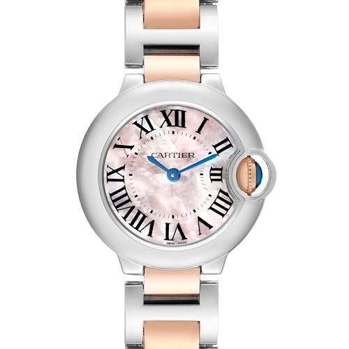The Cartier Ballon Bleu W6920034 Women's Steel and Gold (two tone) Mother of Pearl Dial watch is shown from the front, highlighting the dial, case, and part of the bracelet.