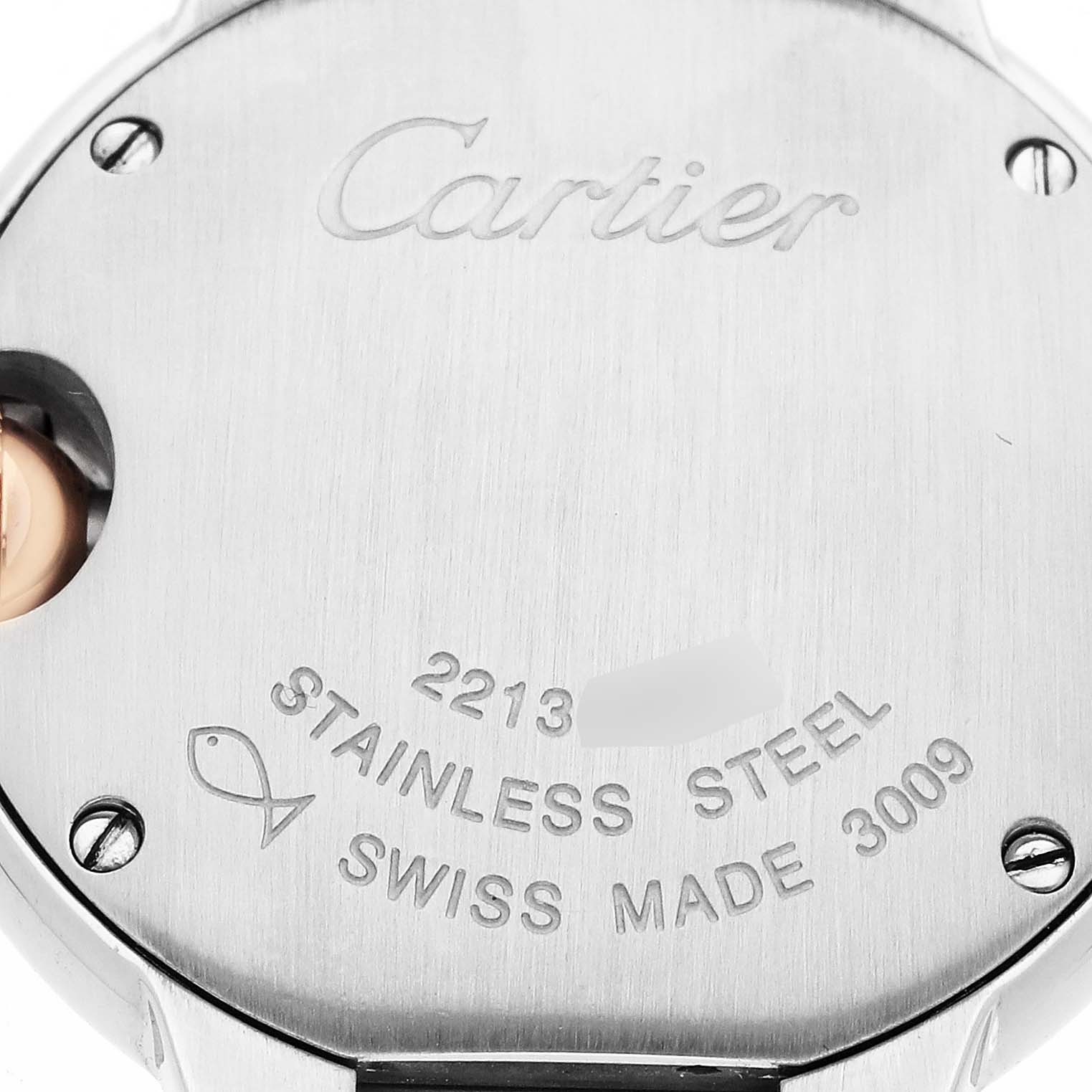 The image shows the back case of a Cartier Ballon Bleu W6920034 Women's Steel and Gold (two tone) Mother of Pearl Dial watch, highlighting the branding, material, and Swiss-made engraving.