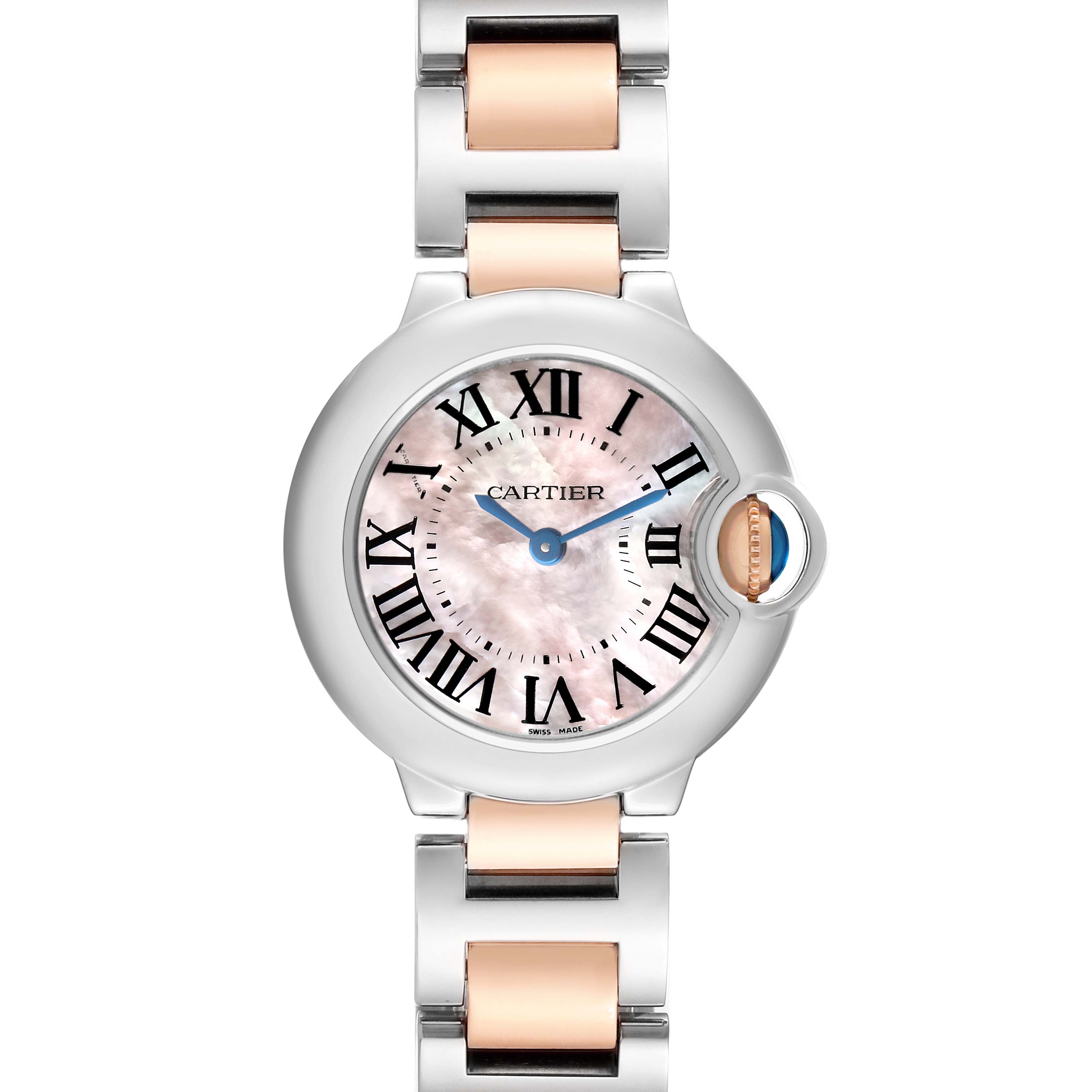The Cartier Ballon Bleu W6920034 Women's Steel and Gold (two tone) Mother of Pearl Dial watch is shown from a top view, highlighting its full face, bracelet links, and crown detail.