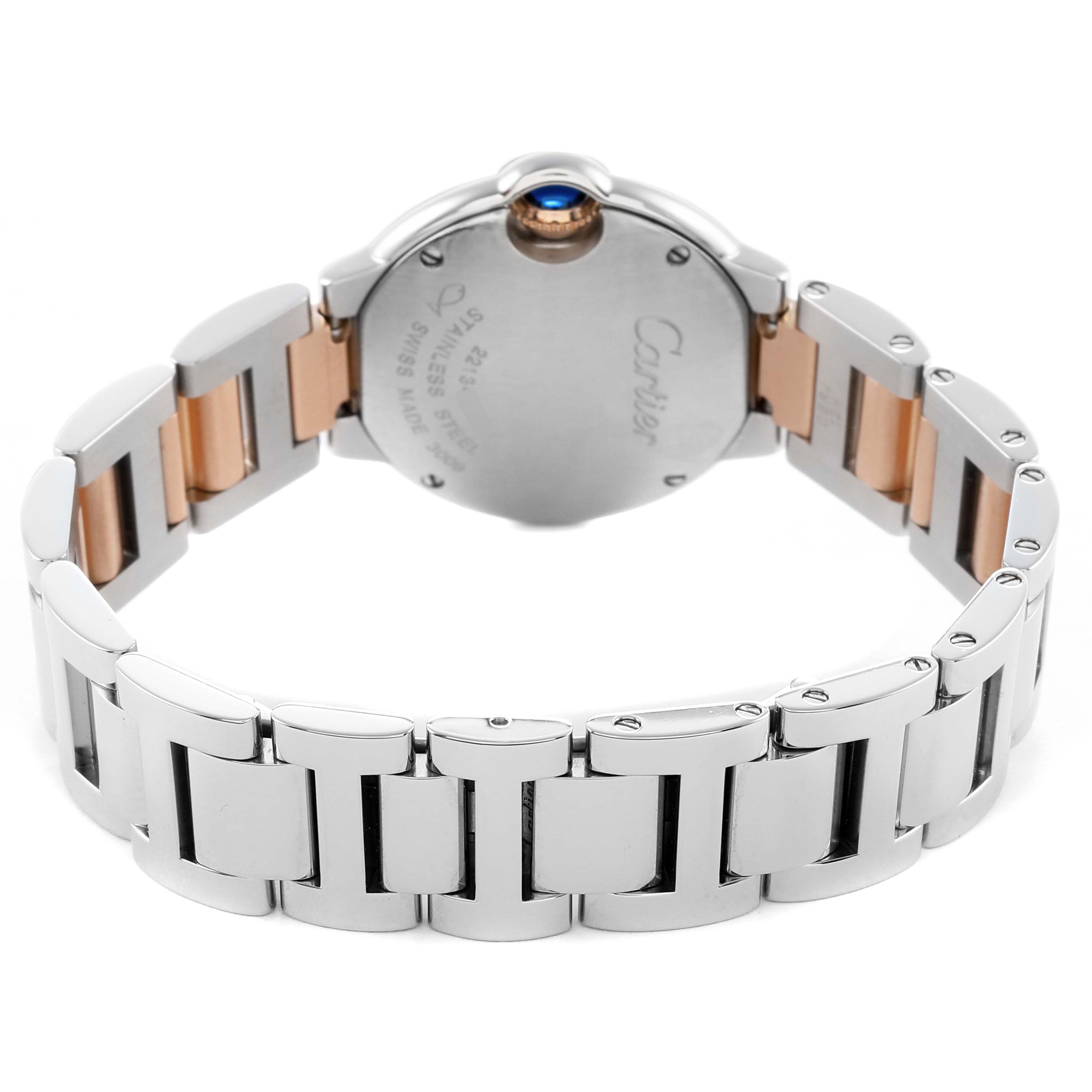 The image shows the back of a Cartier Ballon Bleu W6920034 Women's Steel and Gold (two tone) Mother of Pearl Dial watch, highlighting its bracelet and rear case with a visible crown.