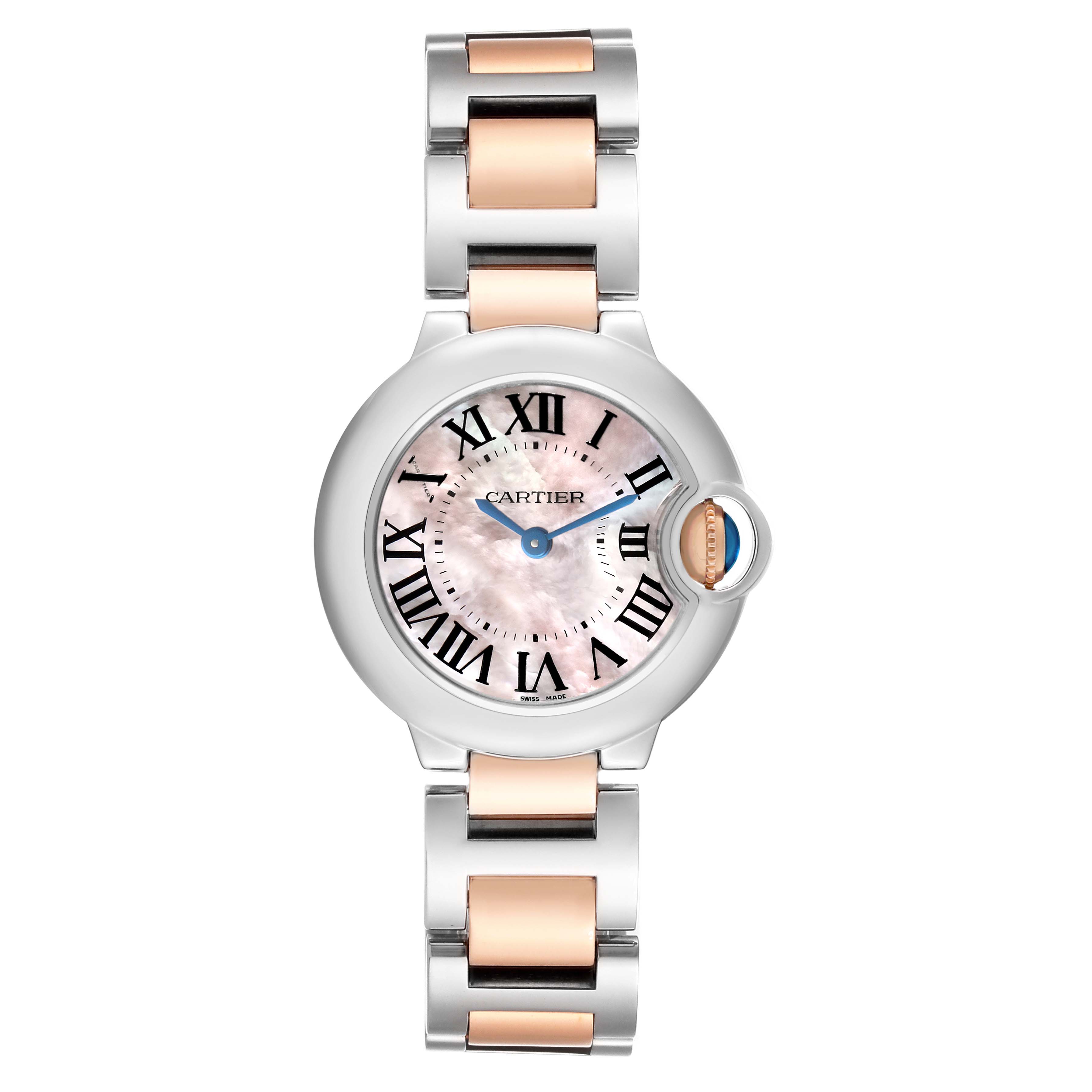 The Cartier Ballon Bleu W6920034 Women's Steel and Gold (two tone) Mother of Pearl Dial watch is shown from a top-down angle, highlighting the face and two-tone bracelet.