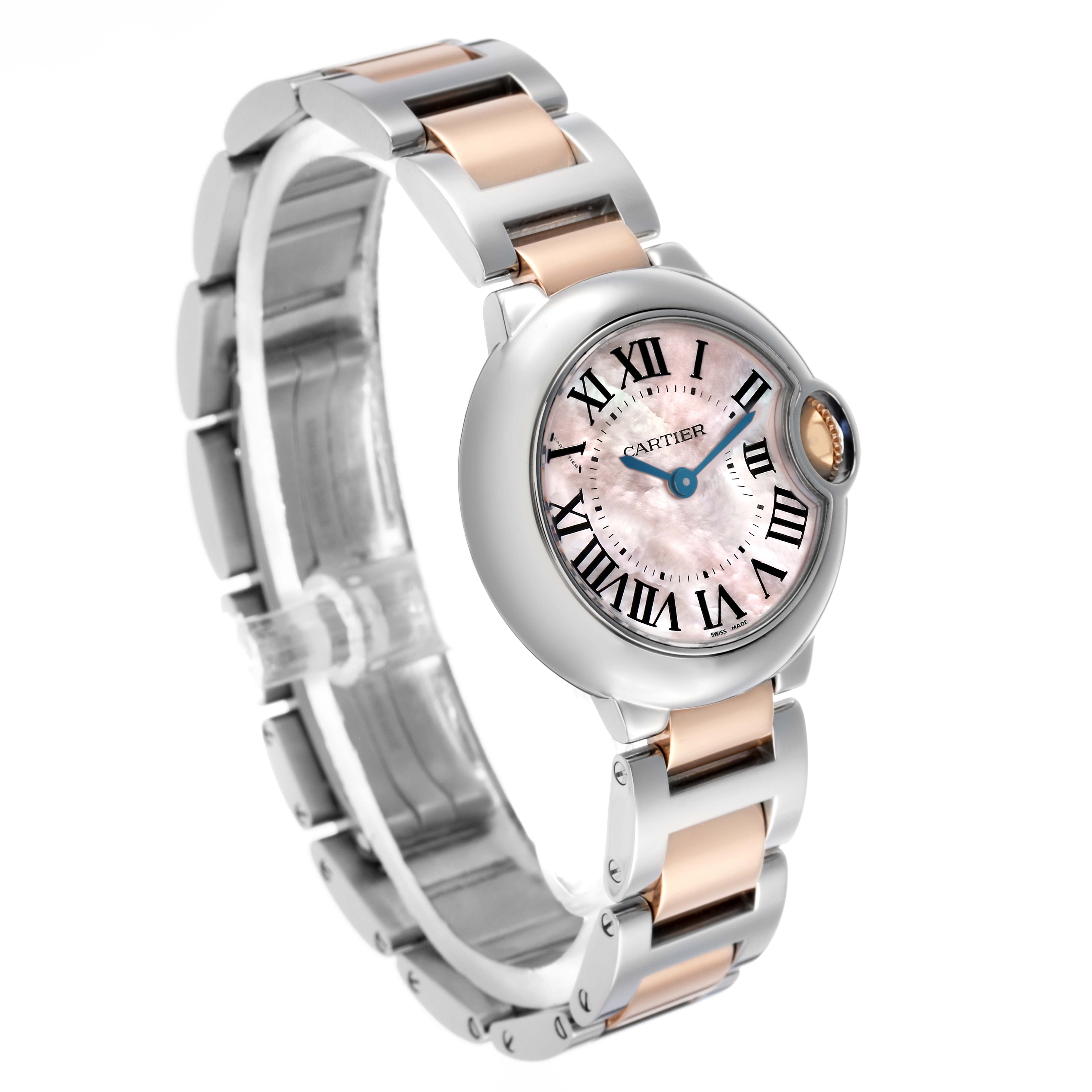 The Cartier Ballon Bleu W6920034 Women's Steel and Gold (two tone) Mother of Pearl Dial watch is shown at a slight angle, displaying its round face, Roman numerals, hands, and metal bracelet.