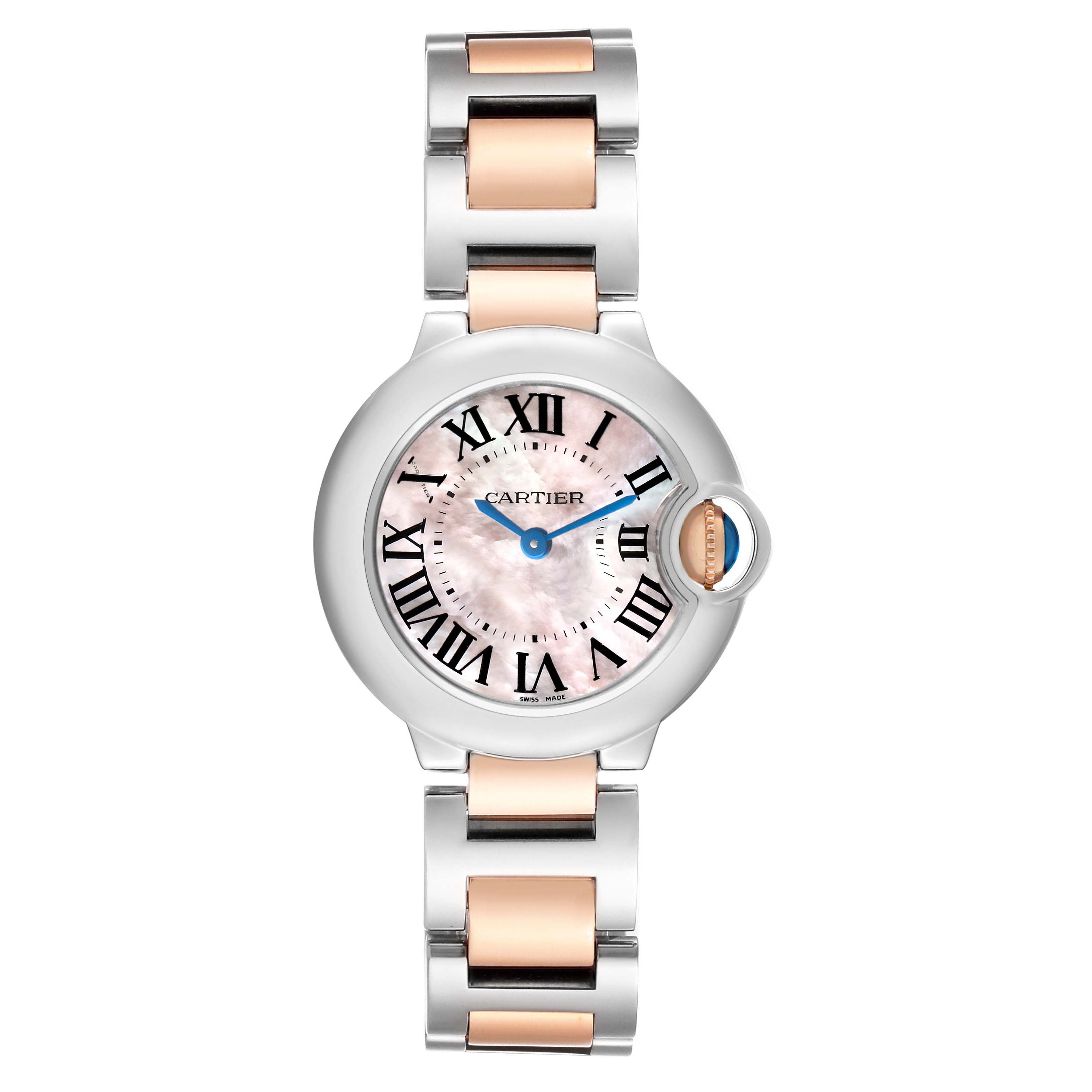 The Cartier Ballon Bleu W6920034 Women's Steel and Gold (two tone) Mother of Pearl Dial watch is shown from a front angle, displaying the face, crown, and bracelet.