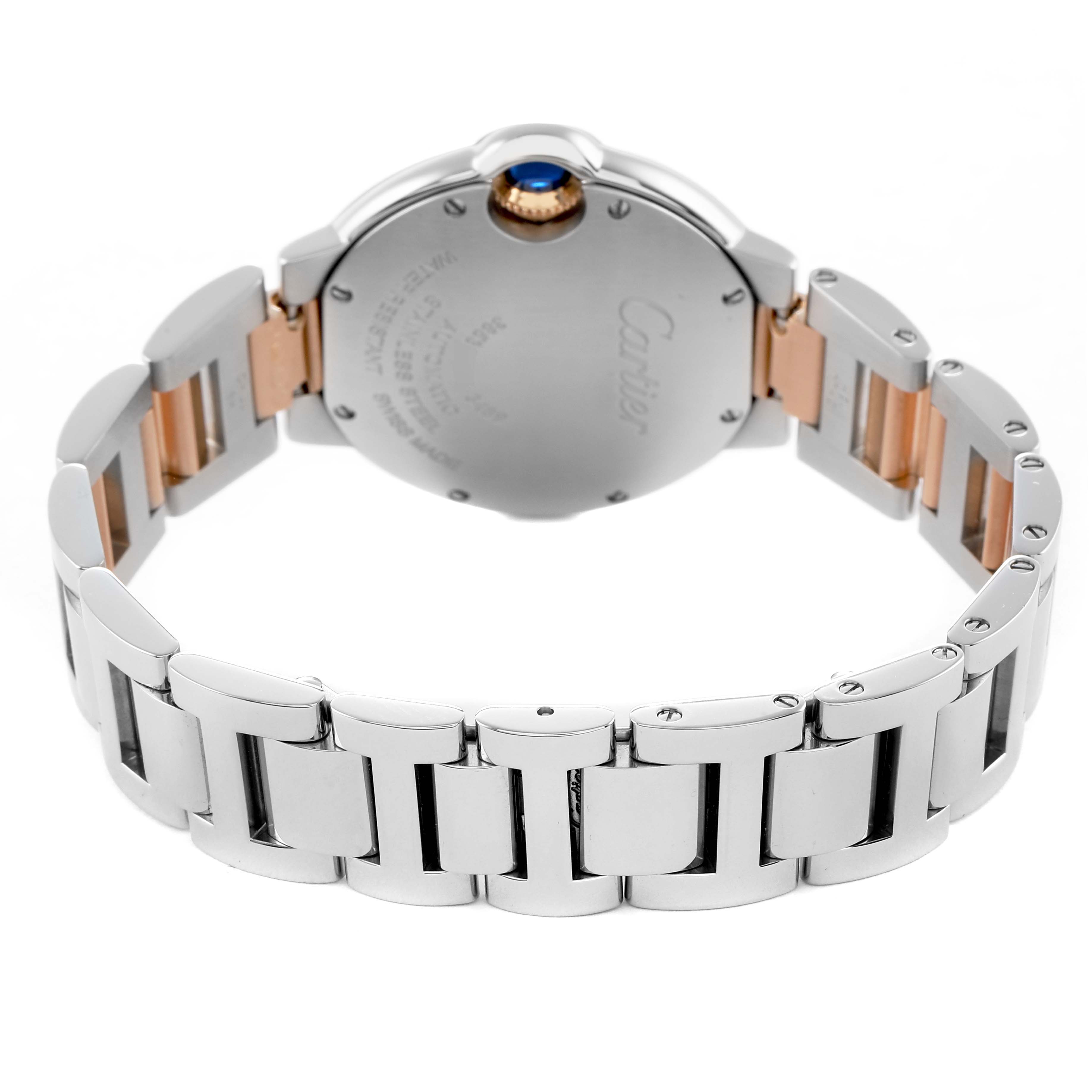 The image shows the back view of a Cartier Ballon Bleu WE902053 Women's Steel and Gold (two tone) Pink Dial watch, highlighting its case back and metal bracelet with a visible crown.