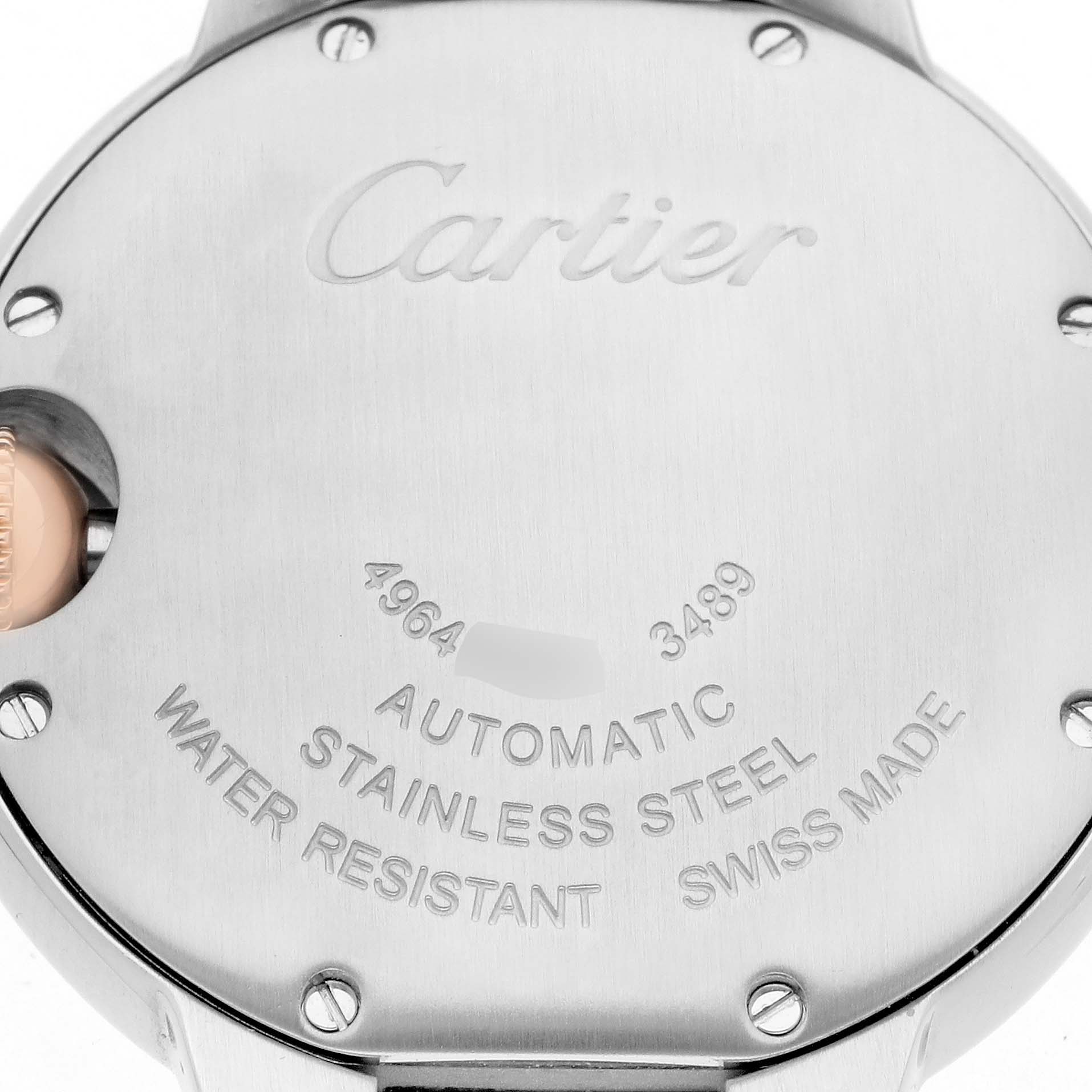 The image shows the back case of a Ballon Bleu by Cartier, displaying the brand name and specifications.
