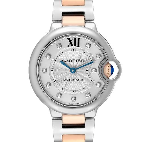 The Cartier Ballon Bleu WE902044 Women's Steel and Gold (two tone) Silver Dial watch is shown from the front, highlighting its dial, hour markers, and bracelet.