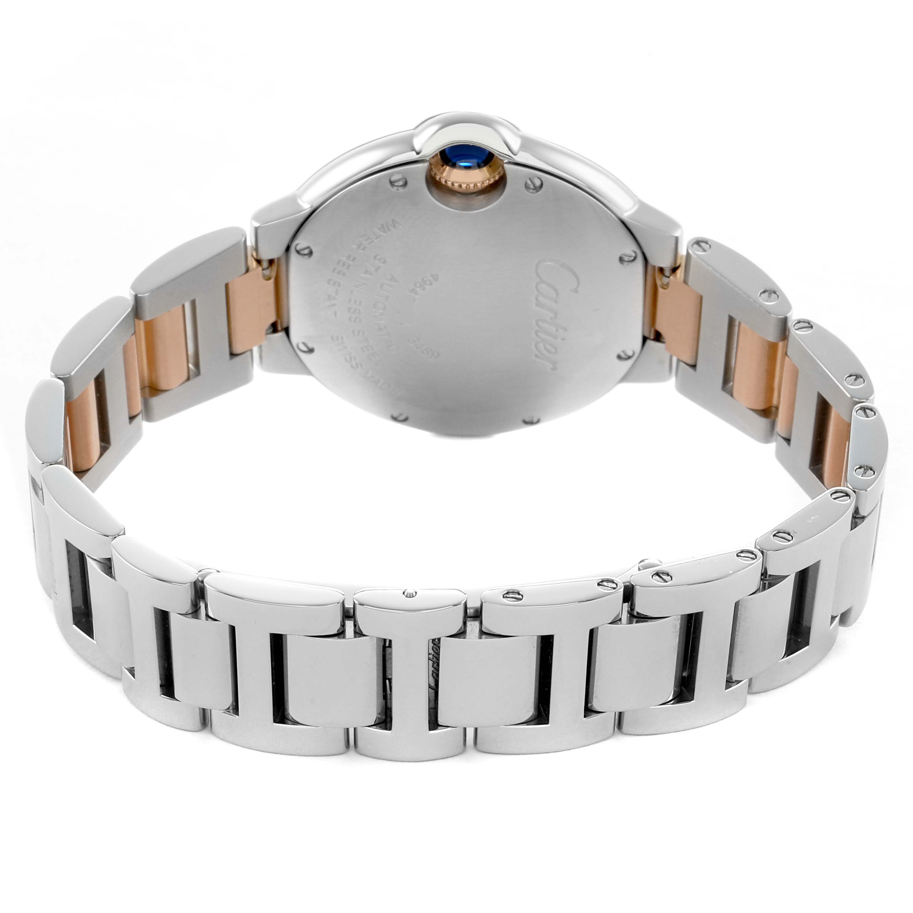 The image shows the back and bracelet of a Cartier Ballon Bleu WE902044 Women's Steel and Gold (two tone) Silver Dial watch, highlighting the case and two-tone strap.