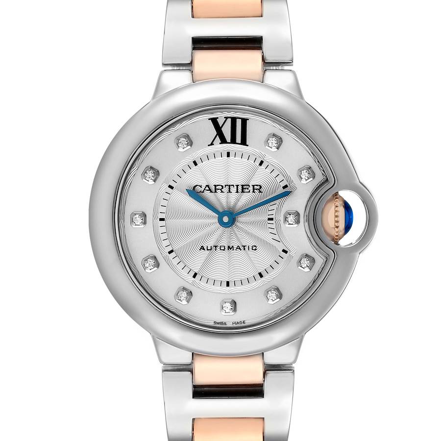 The Ballon Bleu by Cartier is shown from the front, highlighting its face, crown, and part of the metal band.