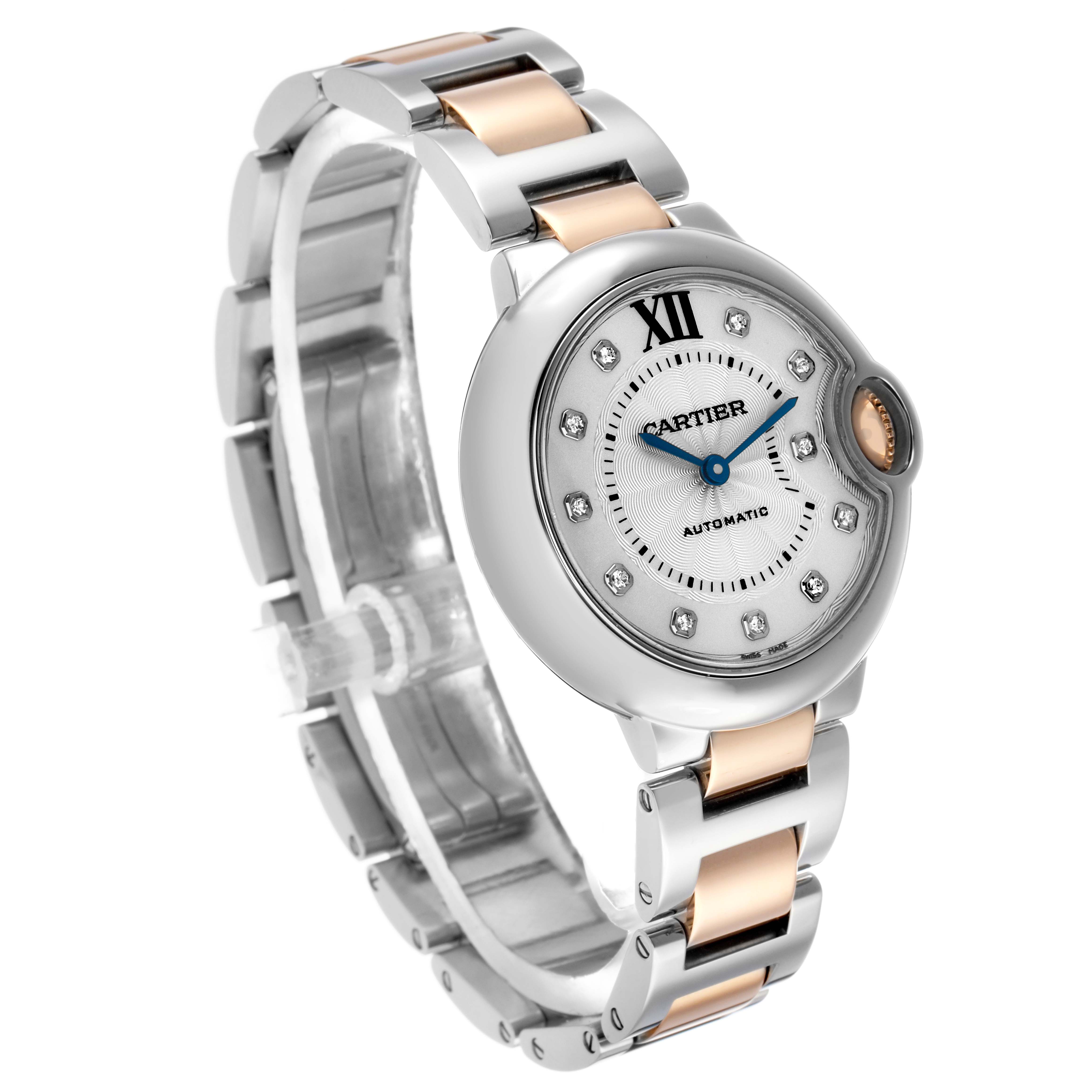 The Cartier Ballon Bleu WE902044 Women's Steel and Gold (two tone) Silver Dial watch is angled to show its face, crown, and two-tone bracelet.