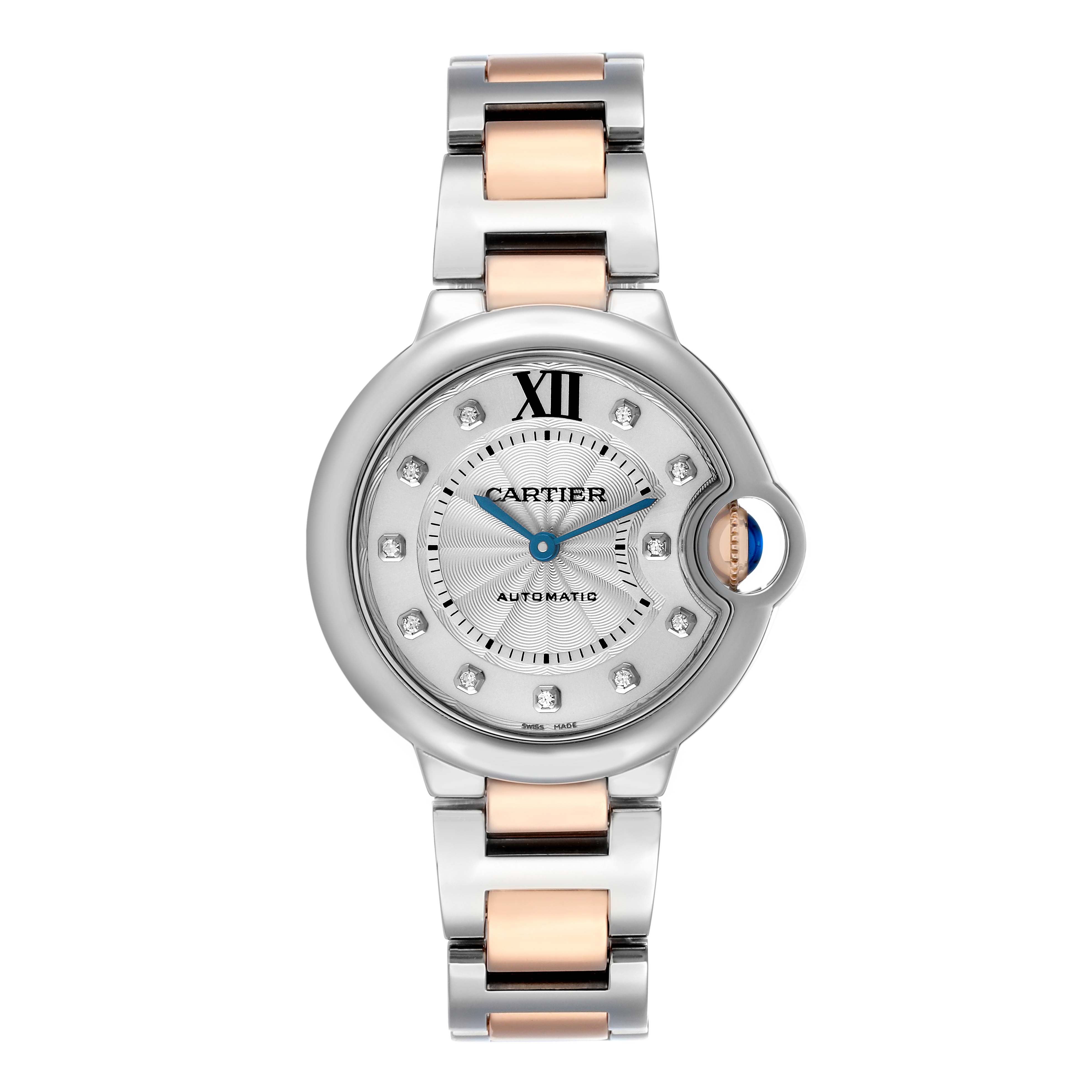 The Cartier Ballon Bleu WE902044 Women's Steel and Gold (two tone) Silver Dial watch is shown from a front view, displaying its dial, bracelet, and crown.