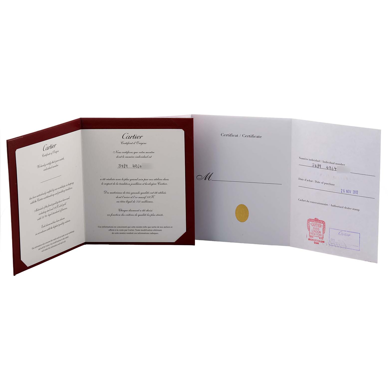 The image shows documentation for the Cartier Ballon Bleu WE902044 Women's Steel and Gold (two tone) Silver Dial, including a certificate and warranty papers.