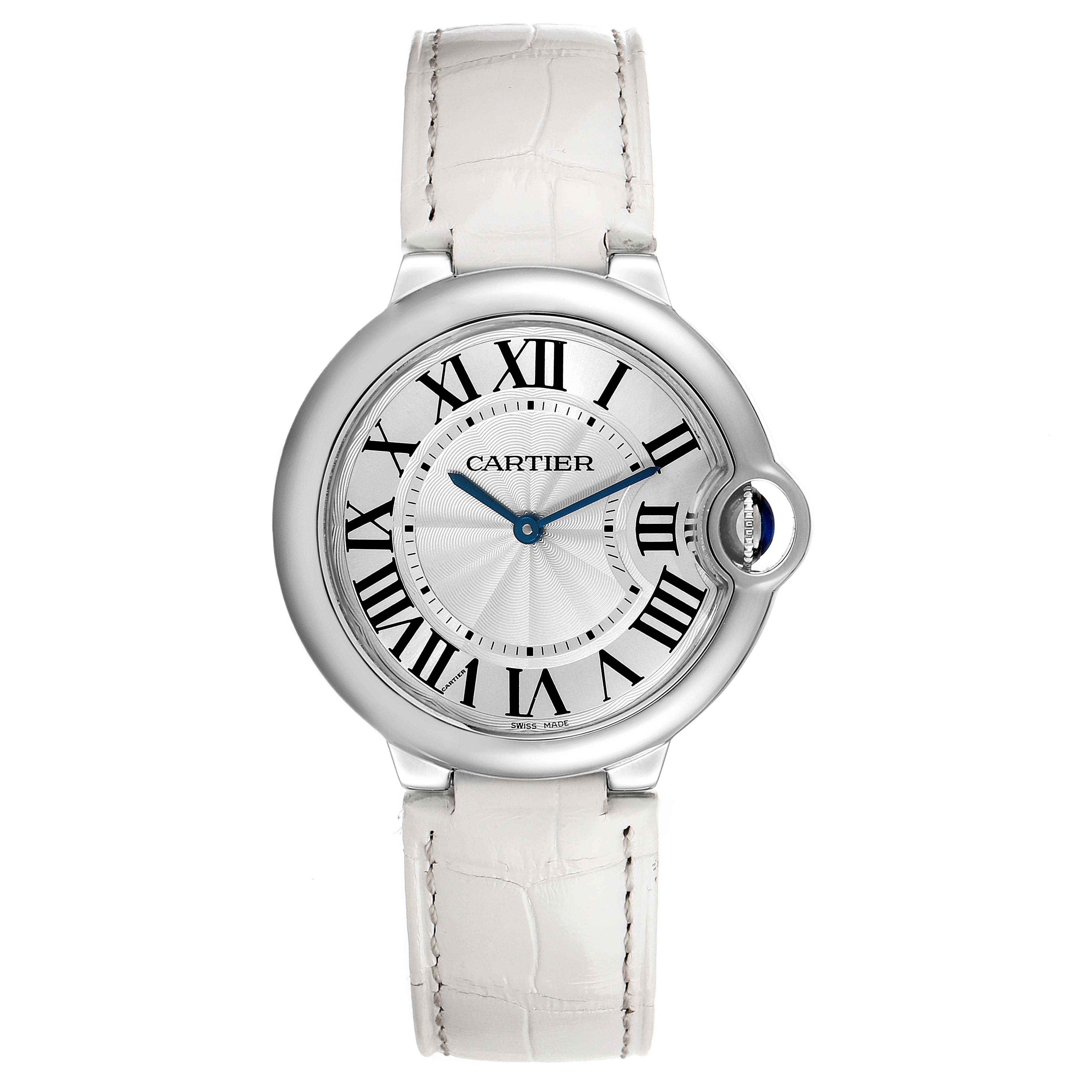 The Ballon Bleu model by Cartier is shown from a top-down angle, displaying the face, bezel, and white strap.
