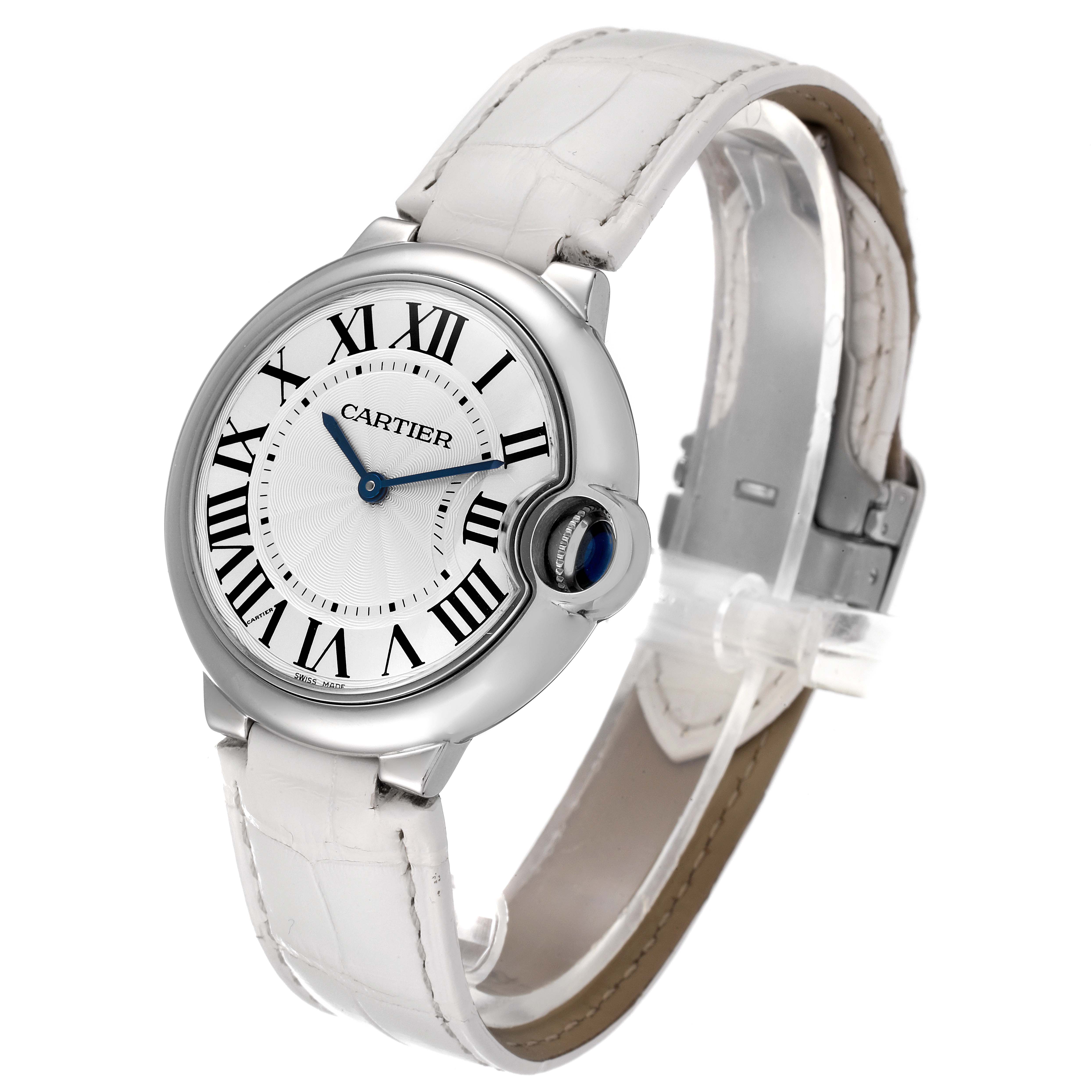 The Cartier Ballon Bleu W6920087 Women
s Stainless Steel Silver Dial W6920087 Women
s Stainless Steel Silver Dial watch is shown at a slight angle from the front, highlighting the face, Roman numerals, and white strap.