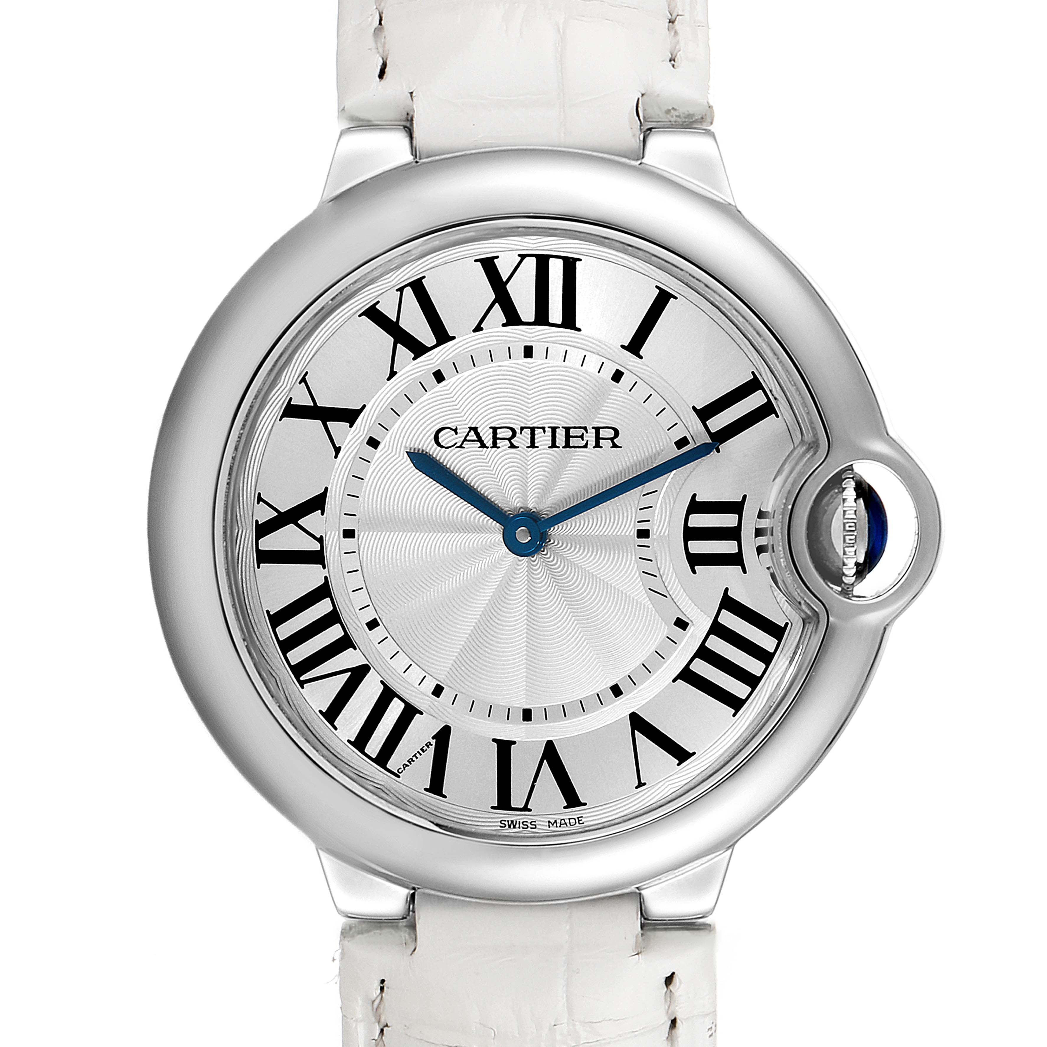 The image shows a frontal view of the Cartier Ballon Bleu W6920087 Women
s Stainless Steel Silver Dial W6920087 Women
s Stainless Steel Silver Dial watch, highlighting its dial, blue hands, and Roman numerals.