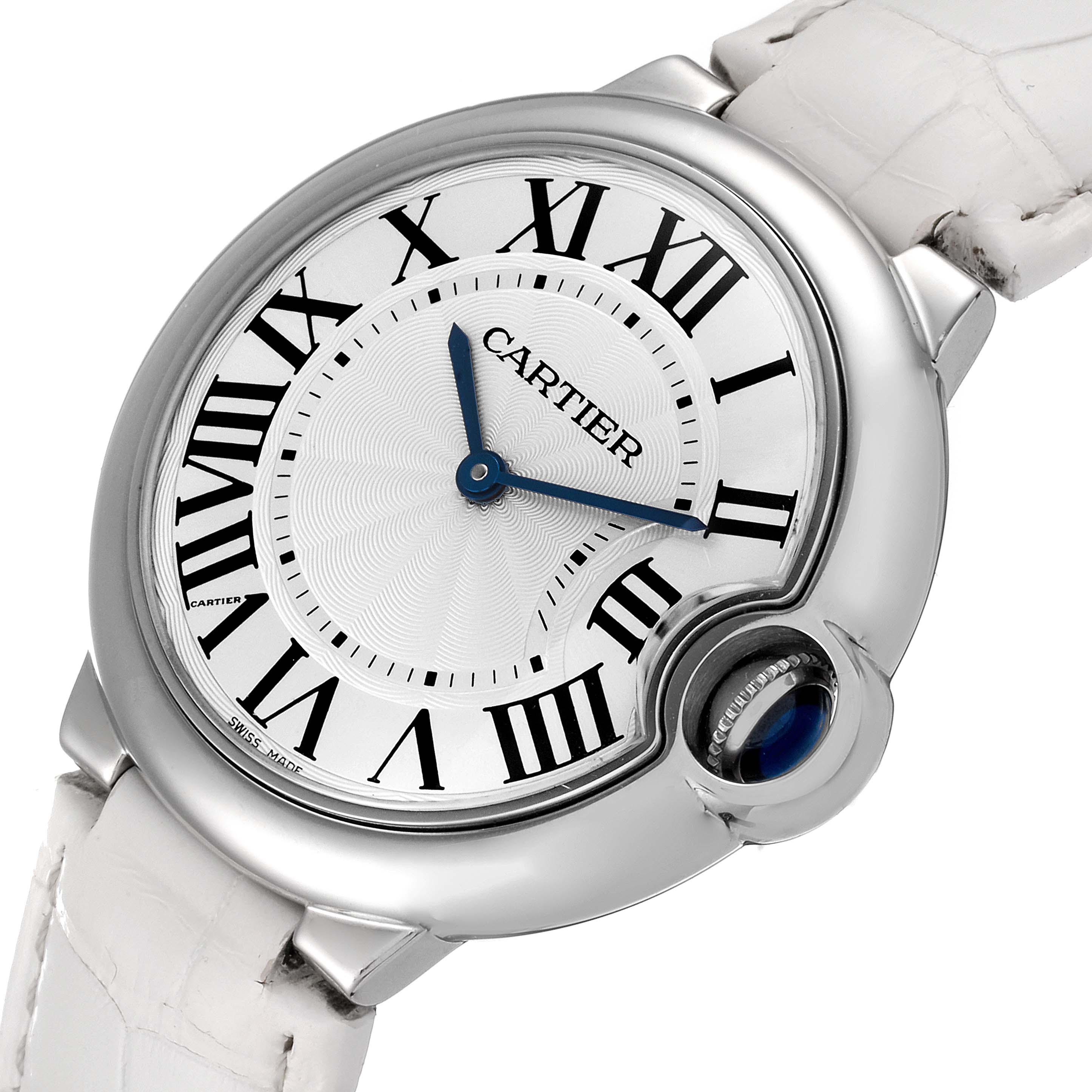 The image shows a close-up of the face and a part of the strap of the Cartier Ballon Bleu W6920087 Women
s Stainless Steel Silver Dial W6920087 Women
s Stainless Steel Silver Dial watch.