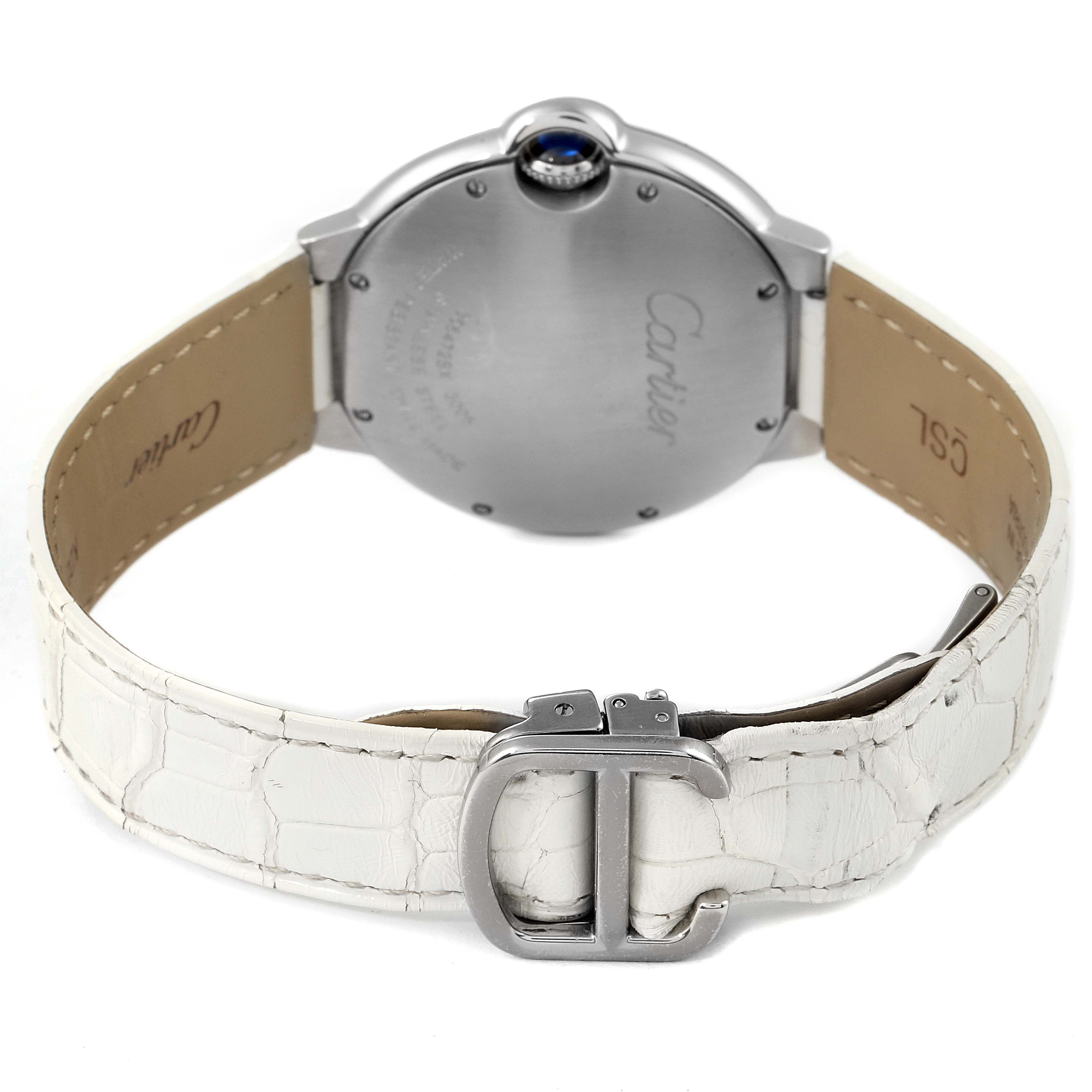 The image shows the back side of a Ballon Bleu by Cartier watch, displaying the clasp, strap, and case back.