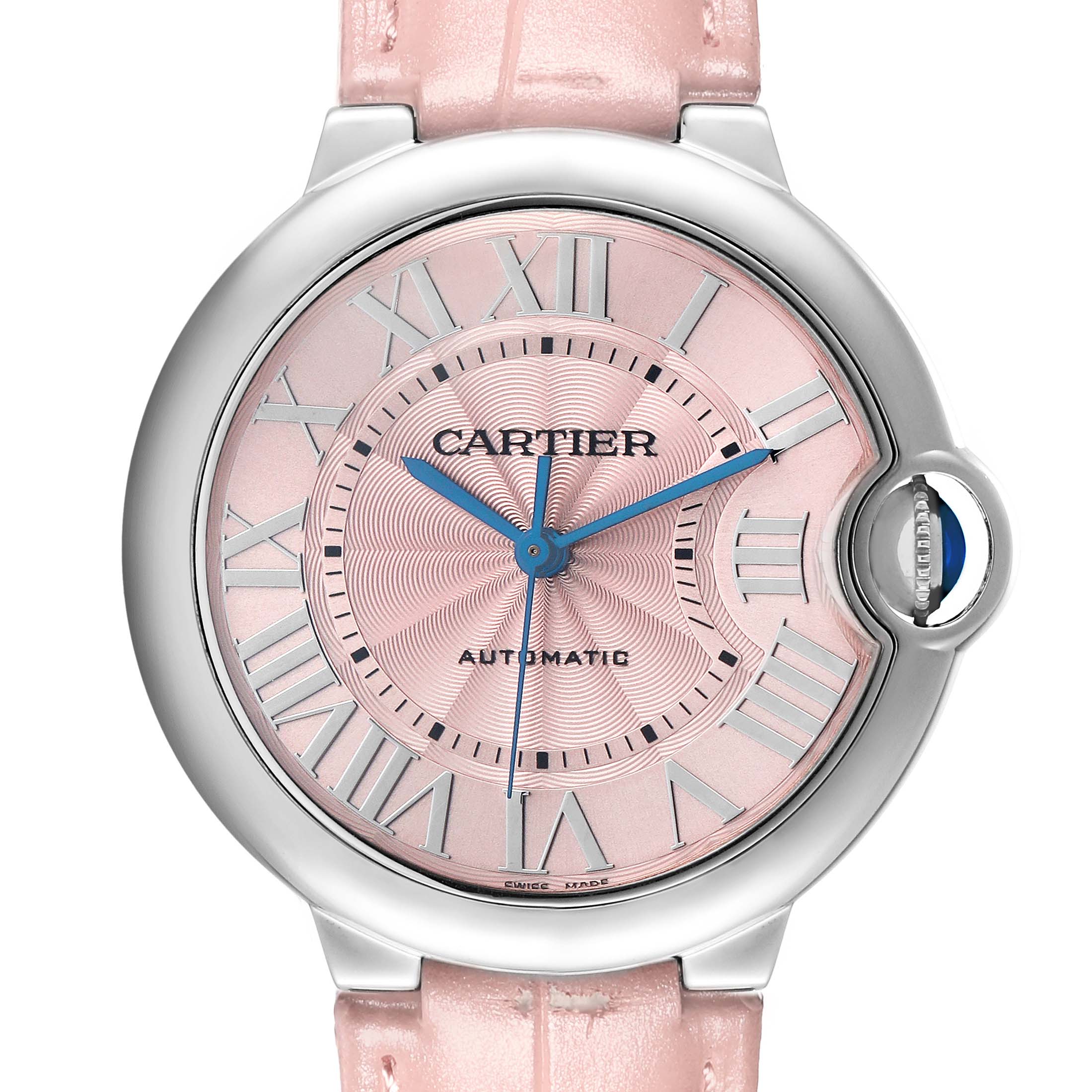 The Cartier Ballon Bleu WSBB0007 Women's Stainless Steel Pink Dial watch is shown from the front, highlighting its pink dial, blue hands, and round case with a distinctive crown.