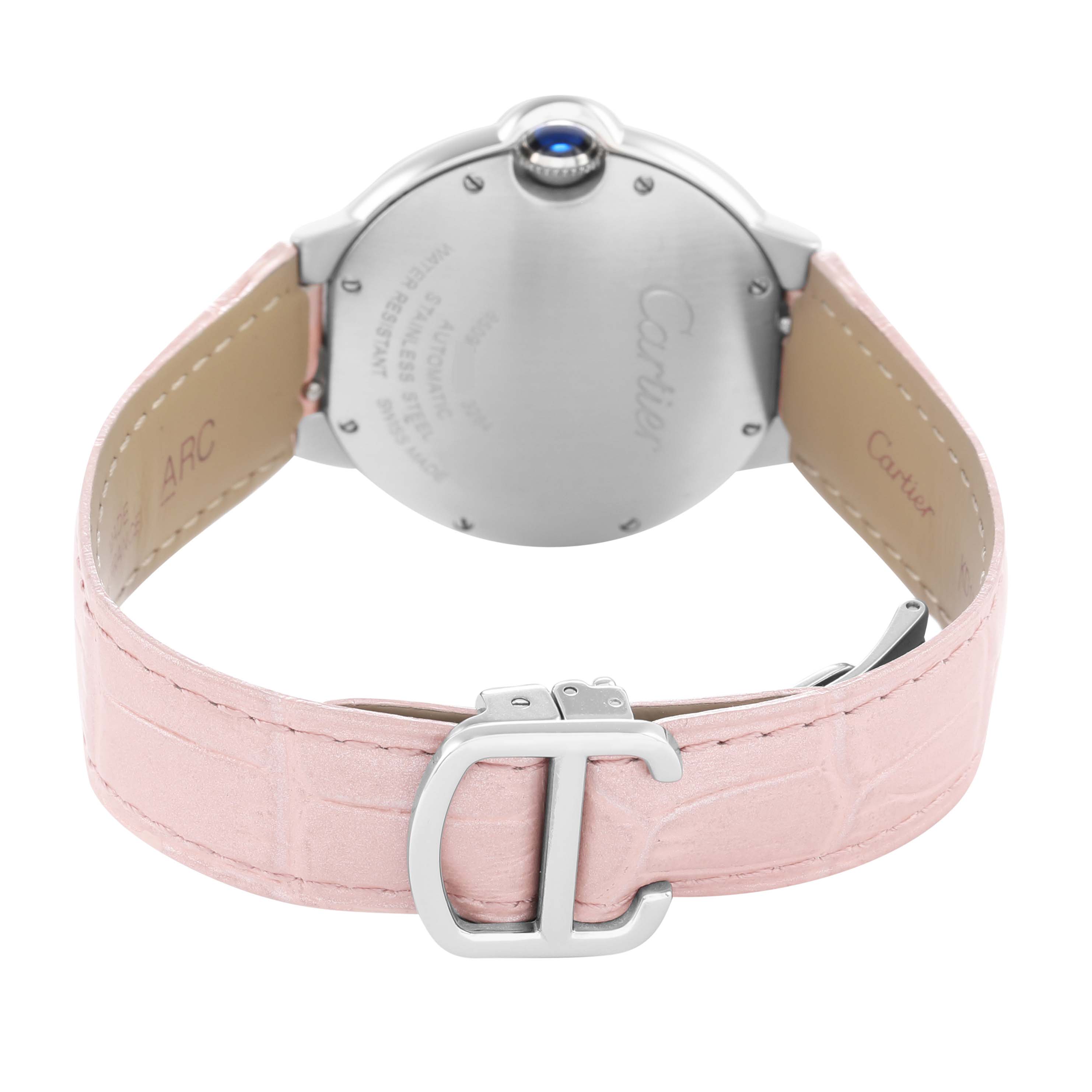 The image shows the back view of a Cartier Ballon Bleu WSBB0007 Women's Stainless Steel Pink Dial watch, highlighting the case back, crown, and pink leather strap with clasp.