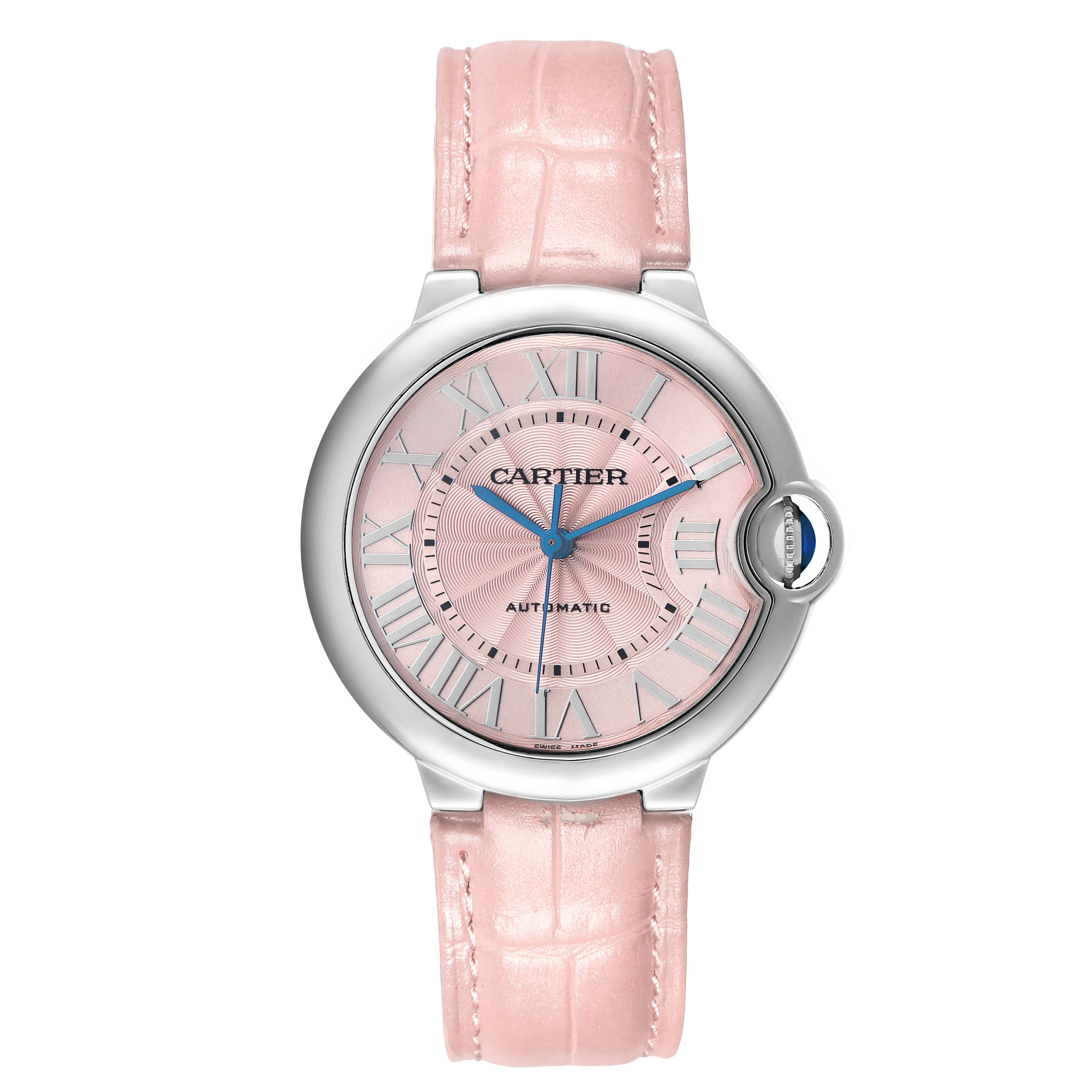 The Cartier Ballon Bleu WSBB0007 Women's Stainless Steel Pink Dial watch is shown from the front, featuring a pink dial and roman numerals with a matching pink leather strap.
