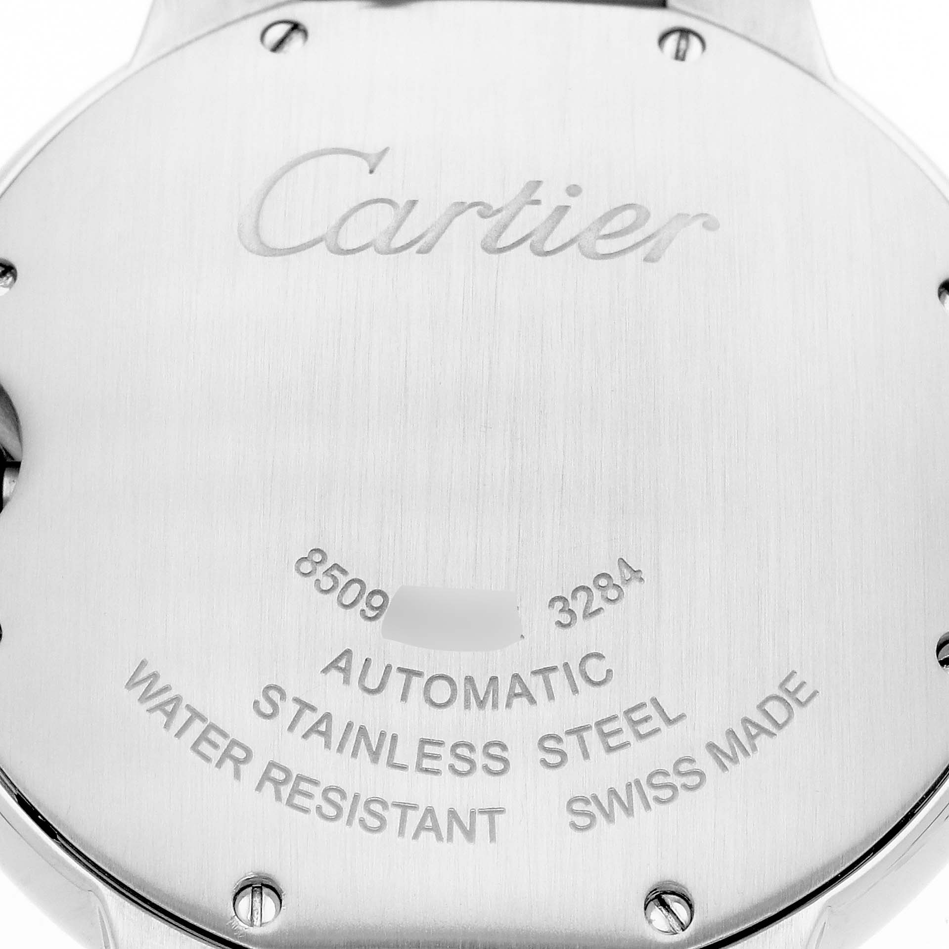 The image shows the back of the Cartier Ballon Bleu WSBB0007 Women's Stainless Steel Pink Dial watch, highlighting engravings and screws.