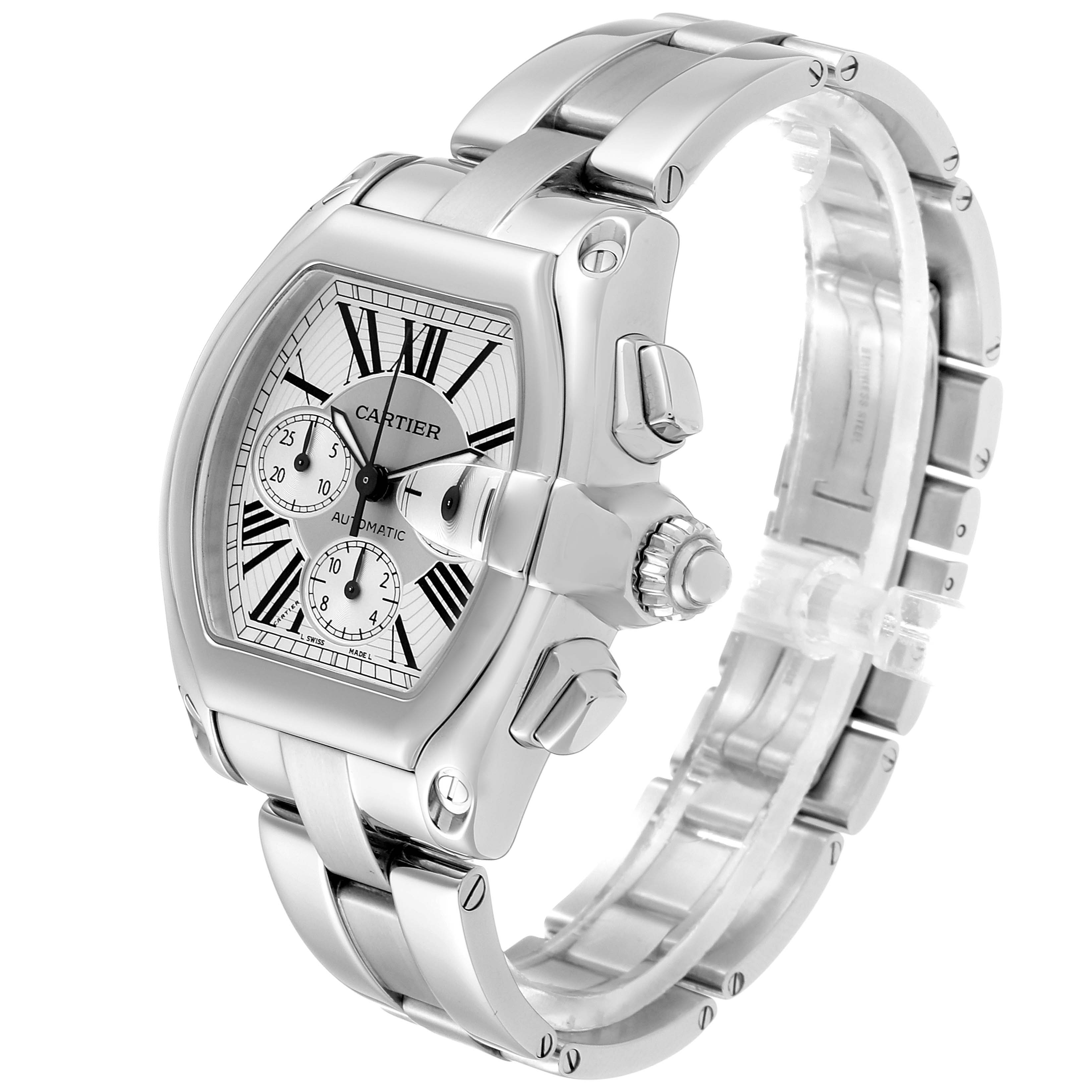 The image shows a Cartier Roadster W62019X6 Men's Stainless Steel Silver Dial W62019X6 Men's Stainless Steel Silver Dial watch at a slight angle, highlighting the watch's face, crown, and metal bracelet.