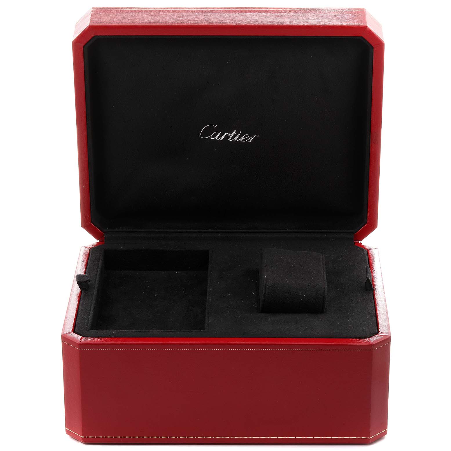 The image shows an open Cartier Roadster W62019X6 Men's Stainless Steel Silver Dial W62019X6 Men's Stainless Steel Silver Dial watch box, featuring compartments for the watch and accessories.
