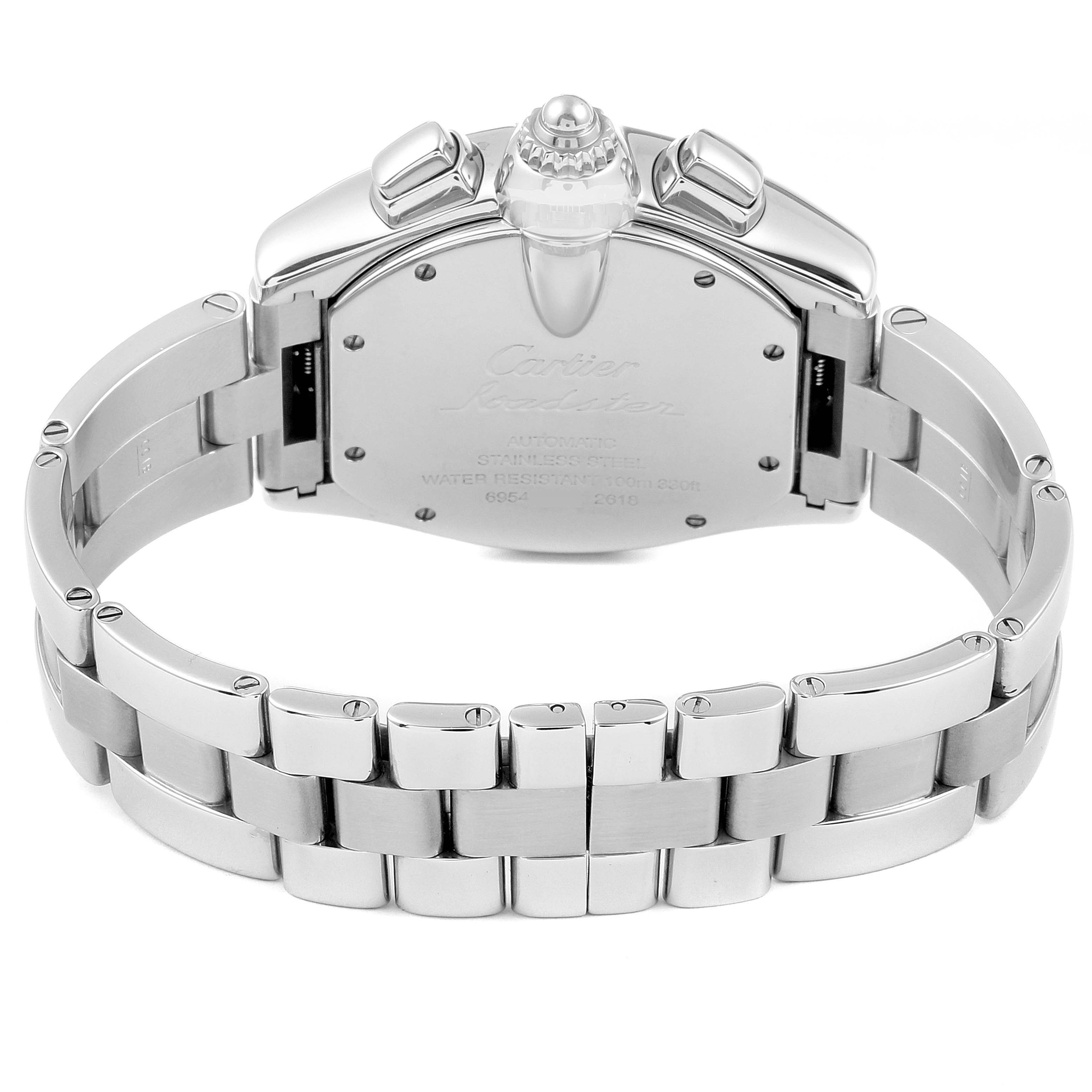 This image shows the back view of a Cartier Roadster W62019X6 Men's Stainless Steel Silver Dial W62019X6 Men's Stainless Steel Silver Dial watch, highlighting the stainless steel bracelet and case back details.