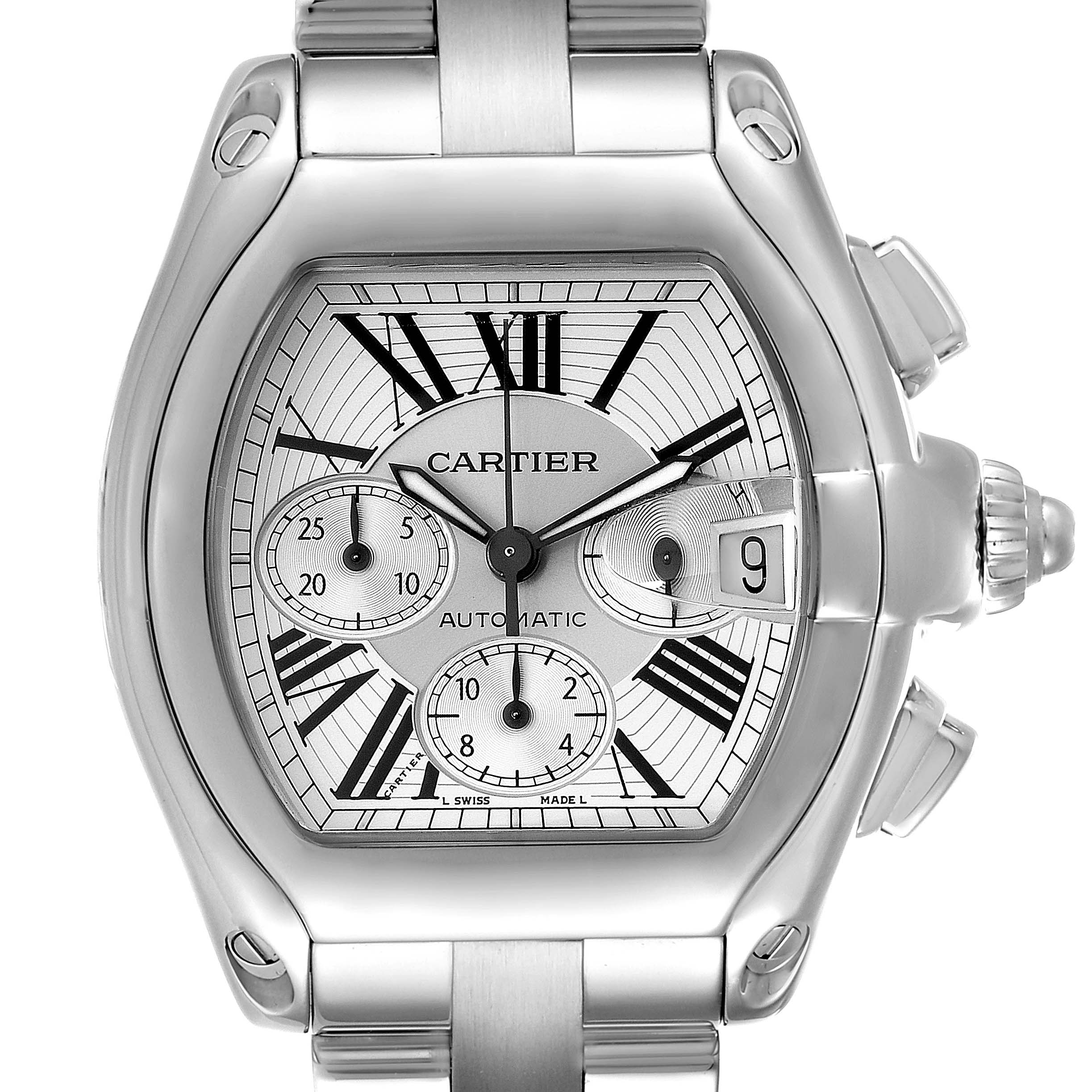 The image shows a full front view of a Cartier Roadster W62019X6 Men's Stainless Steel Silver Dial W62019X6 Men's Stainless Steel Silver Dial watch, displaying its face, chronograph subdials, and bracelet.