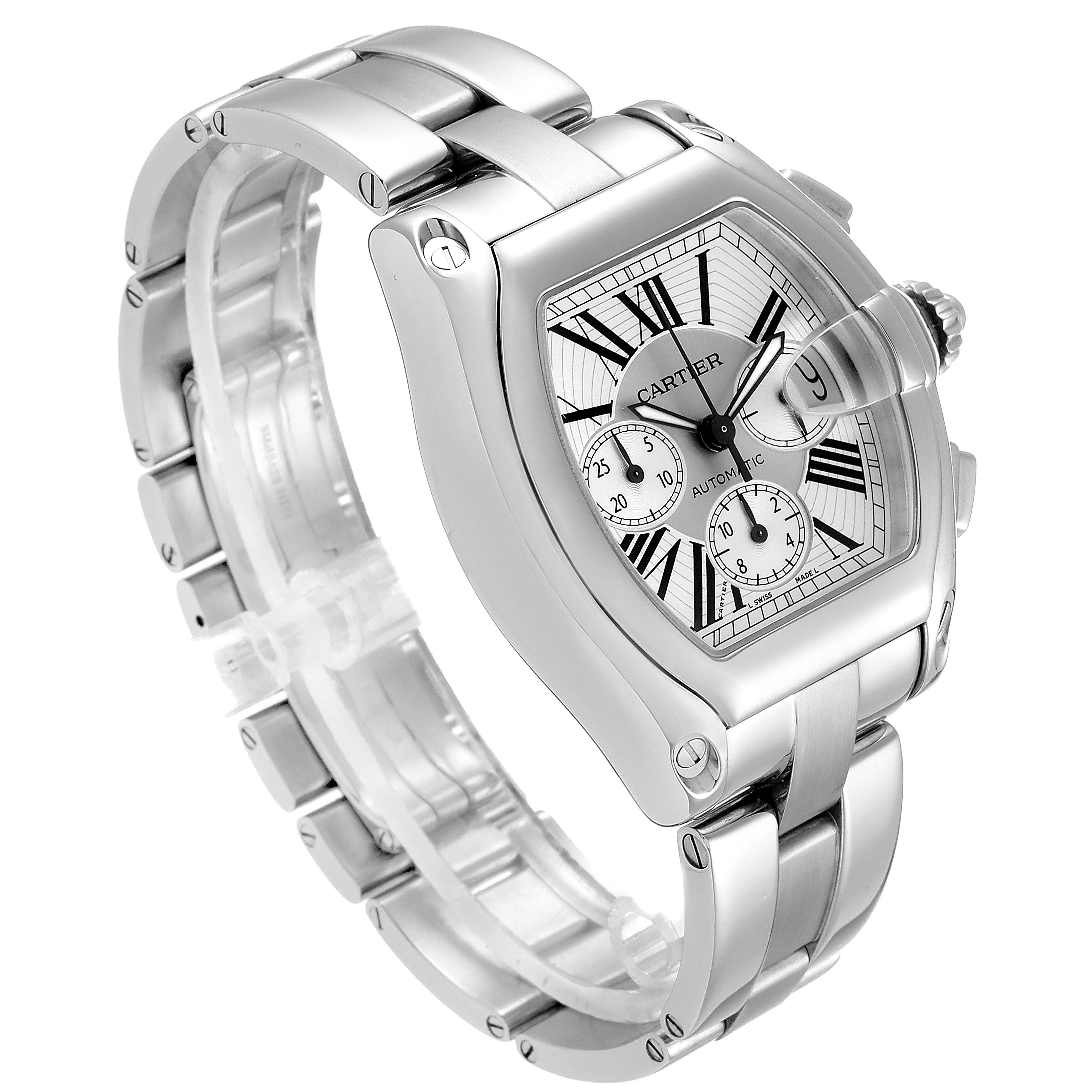 The image shows a Cartier Roadster W62019X6 Men's Stainless Steel Silver Dial W62019X6 Men's Stainless Steel Silver Dial watch at an angled view displaying its face, bracelet, and crown.
