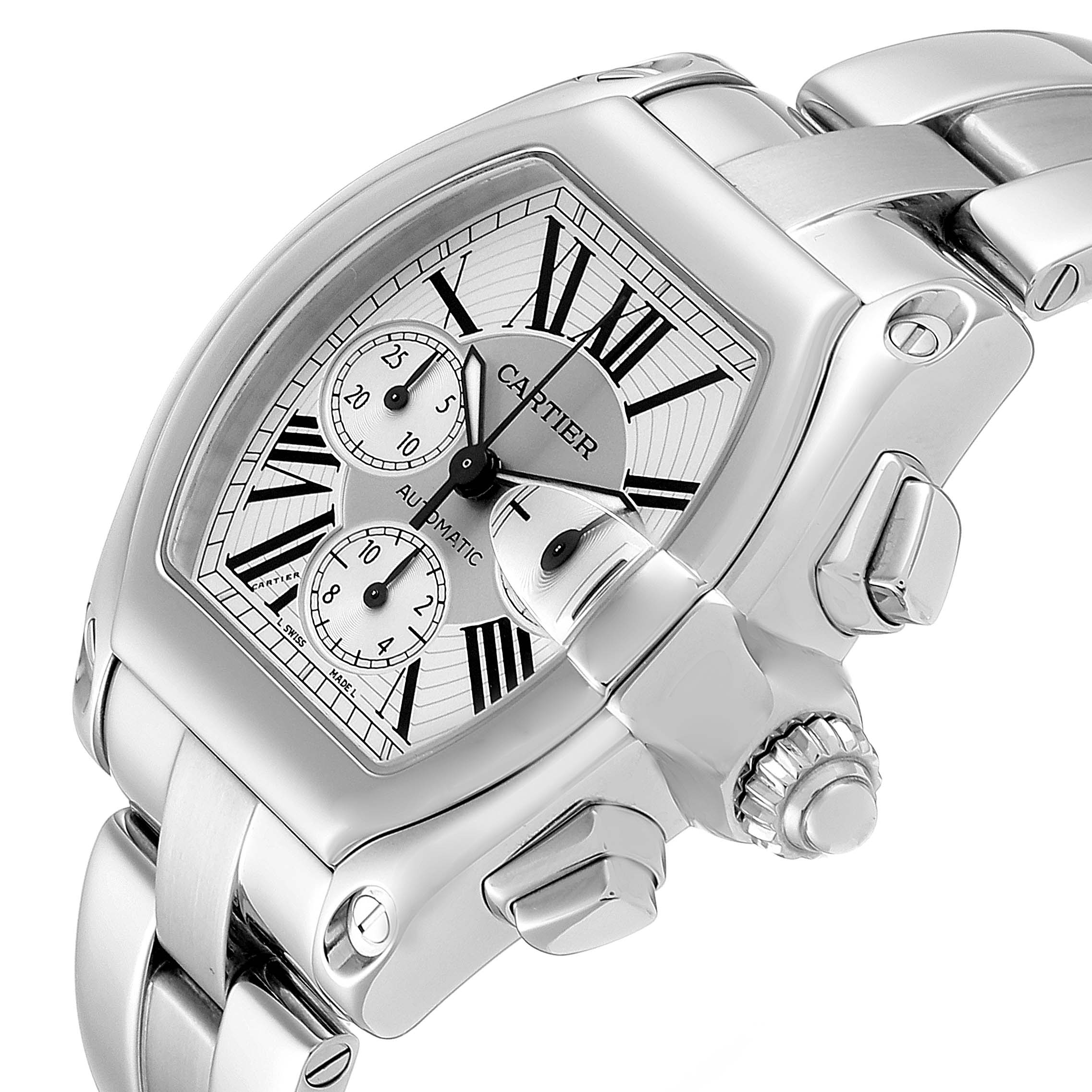 The image shows a close-up side angle of the Cartier Roadster W62019X6 Men's Stainless Steel Silver Dial W62019X6 Men's Stainless Steel Silver Dial watch, highlighting the face, crown, and part of the bracelet.