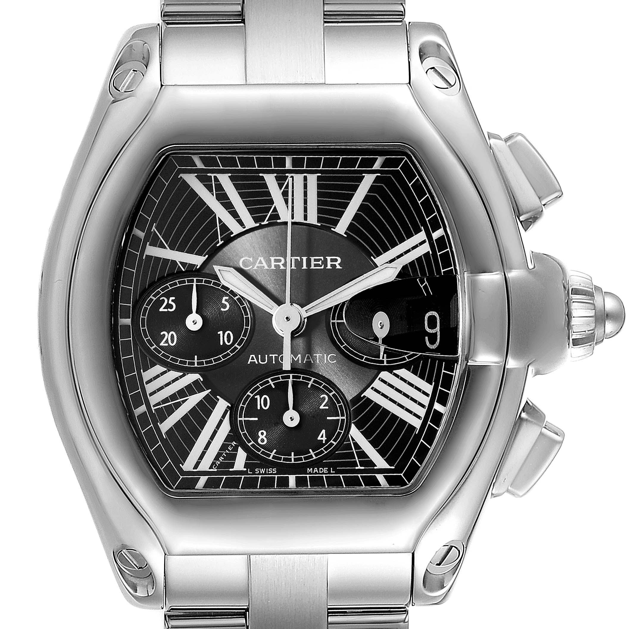 This image shows a frontal view of the Cartier Roadster W62020X6 Men
s Stainless Steel Black Dial W62020X6 Men
s Stainless Steel Black Dial watch, highlighting the dial, hands, sub-dials, and case details.