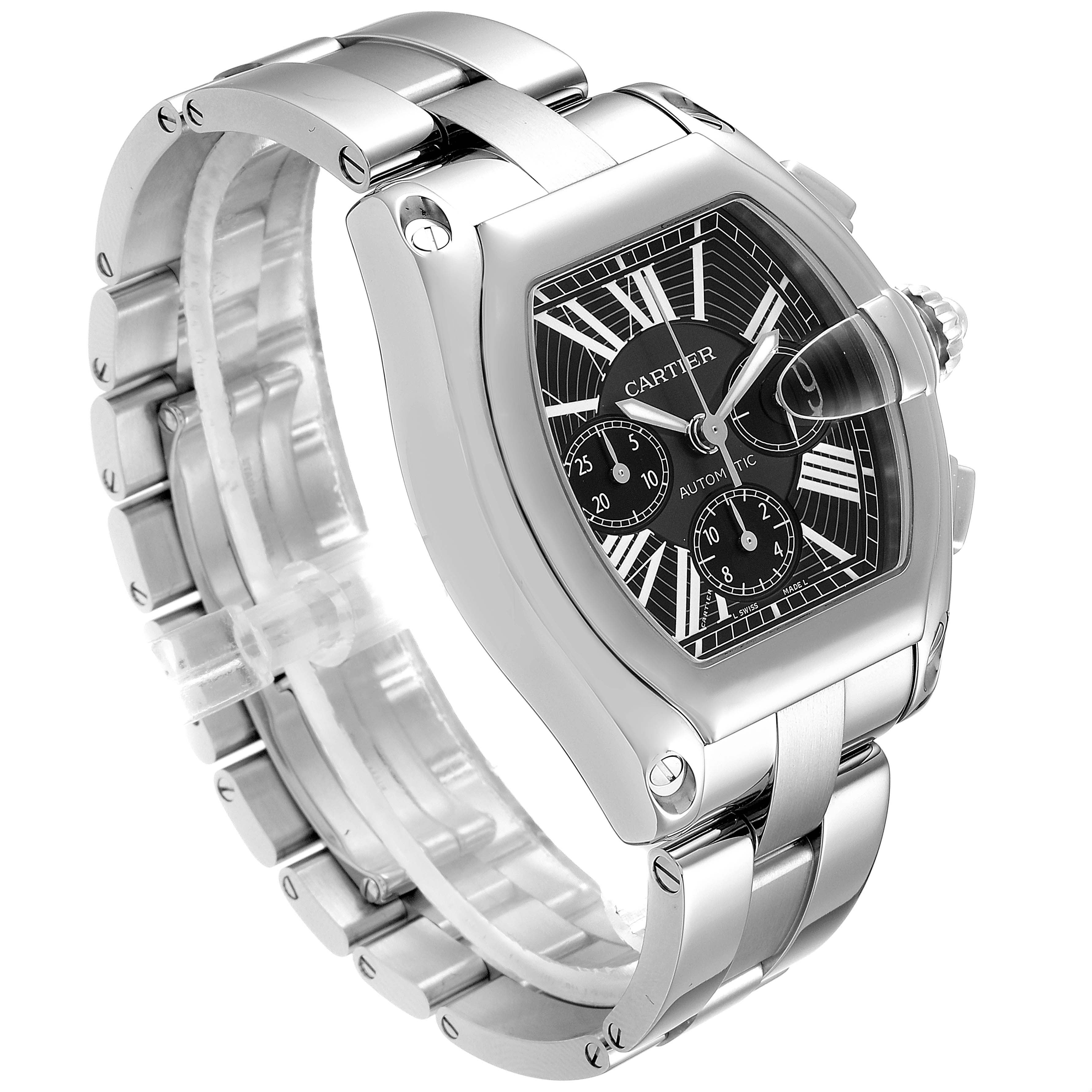 The image shows a Cartier Roadster W62020X6 Men
s Stainless Steel Black Dial W62020X6 Men
s Stainless Steel Black Dial watch at a three-quarter angle, highlighting its black dial, steel bracelet, and prominent date magnifier.