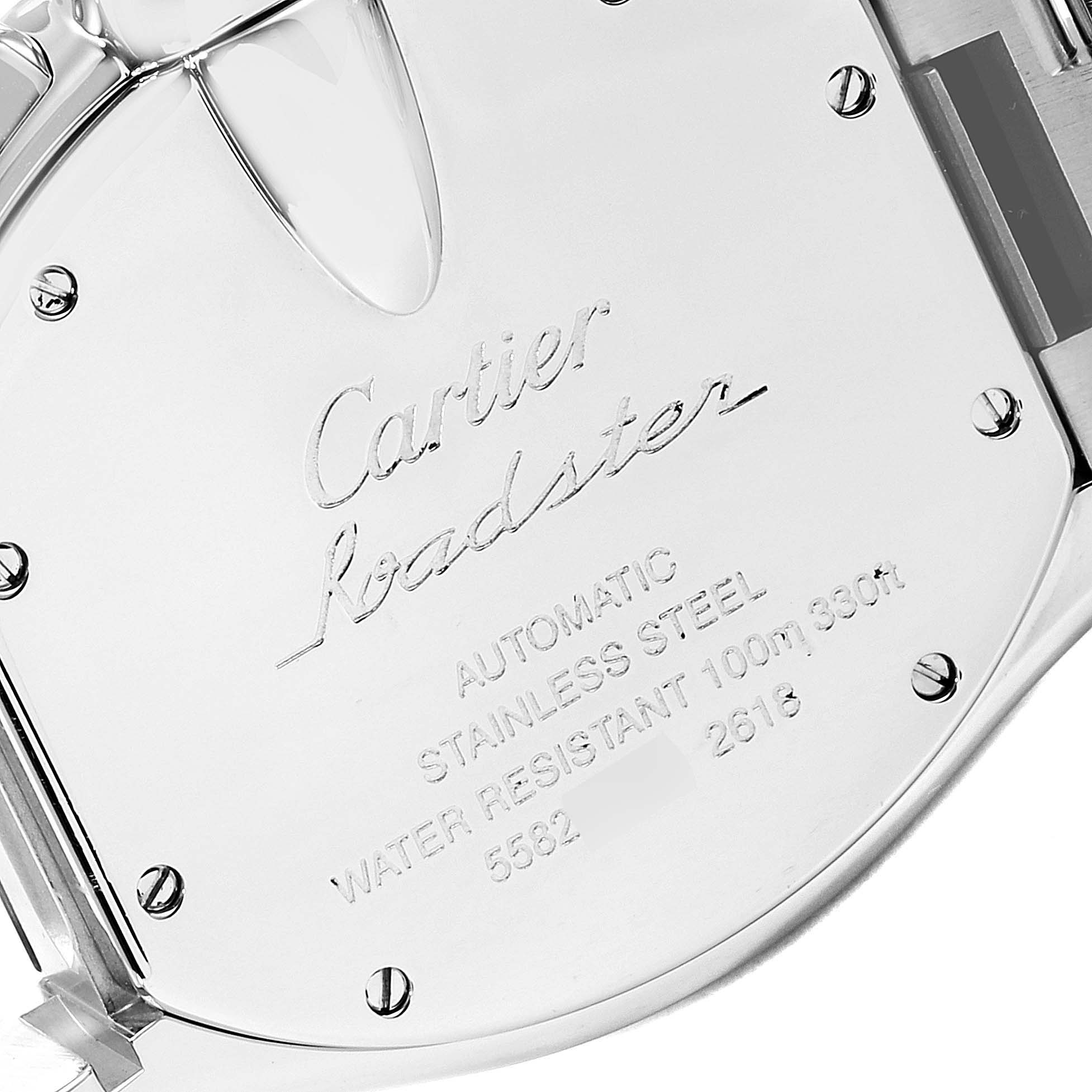 The image shows the back case of a Cartier Roadster W62020X6 Men
s Stainless Steel Black Dial W62020X6 Men
s Stainless Steel Black Dial watch, displaying engravings about its specifications.