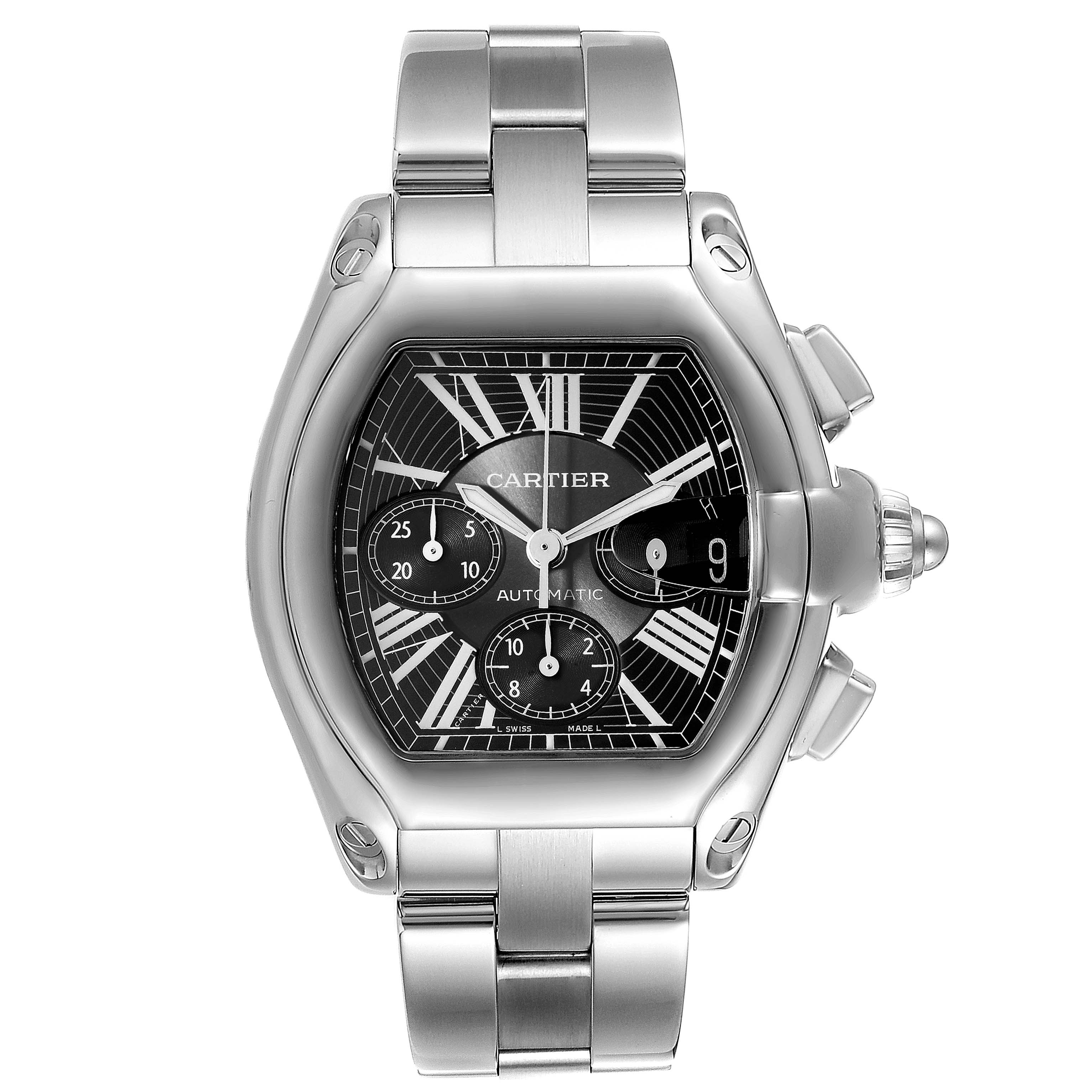 The image shows a Cartier Roadster W62020X6 Men
s Stainless Steel Black Dial W62020X6 Men
s Stainless Steel Black Dial watch featuring its face, dials, and metallic strap from a front angle.