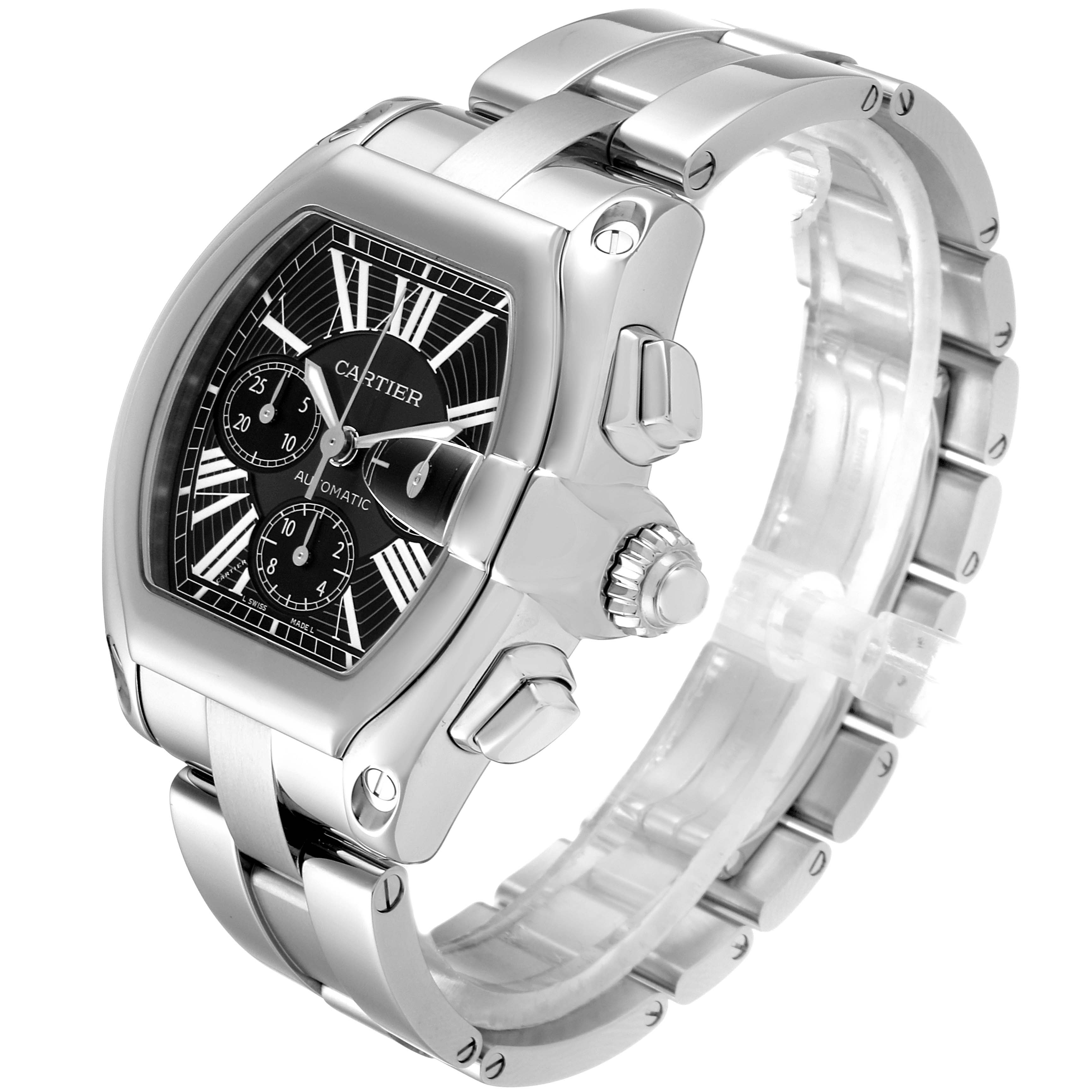The image shows a Cartier Roadster W62020X6 Men
s Stainless Steel Black Dial W62020X6 Men
s Stainless Steel Black Dial watch at a three-quarter angle, highlighting its face, crown, and stainless steel bracelet.