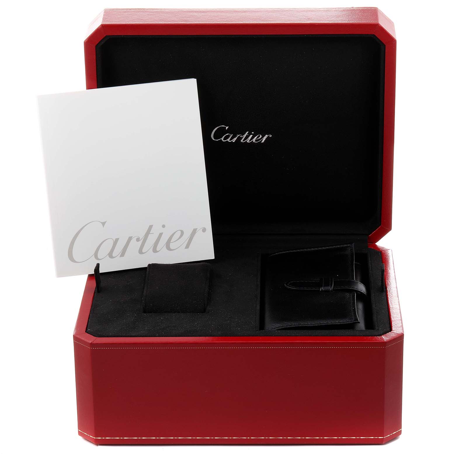 The image shows a Cartier Roadster W62020X6 Men
s Stainless Steel Black Dial W62020X6 Men
s Stainless Steel Black Dial watch box containing the case, a booklet, and a pouch.