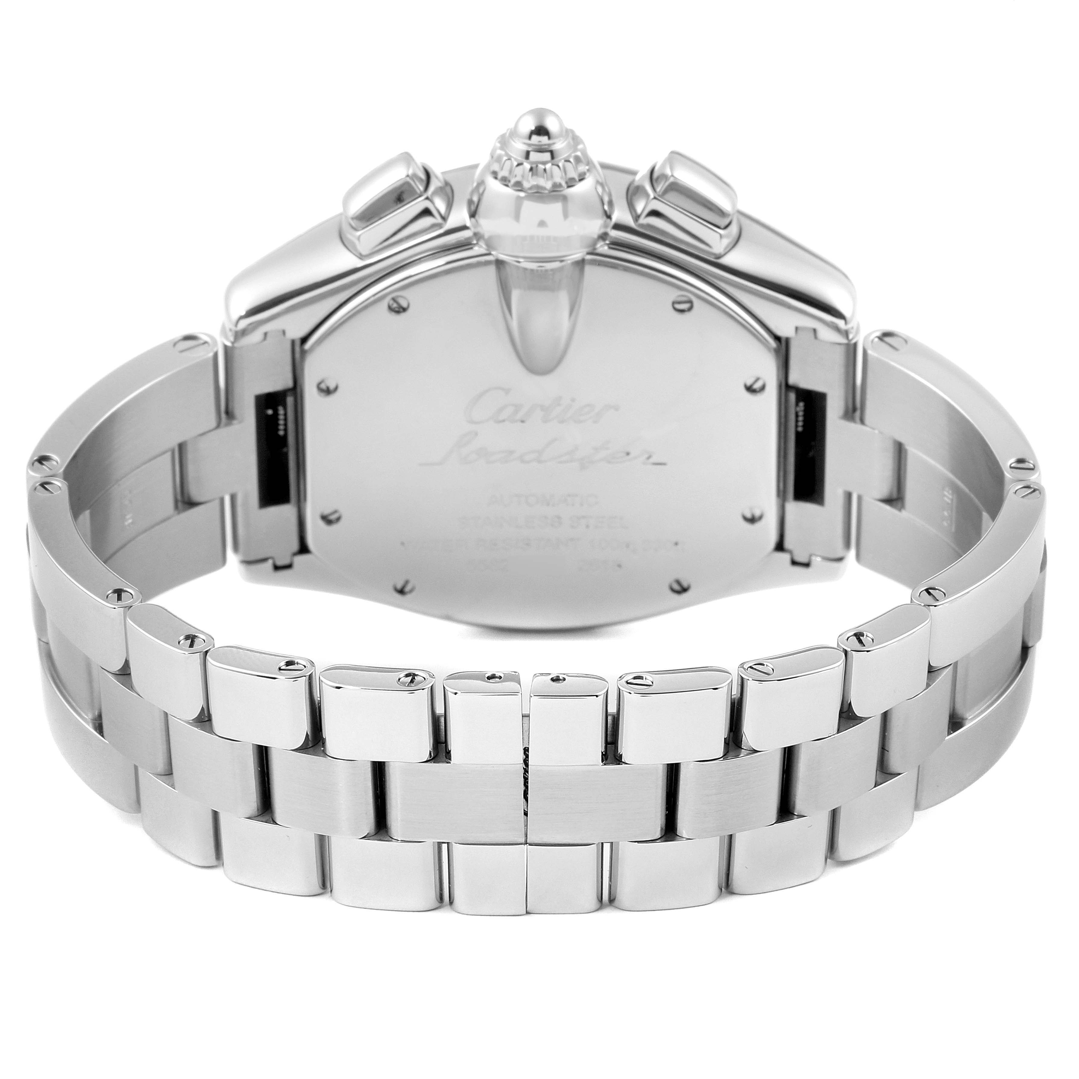 The image shows the backside and bracelet of a Cartier Roadster W62020X6 Men
s Stainless Steel Black Dial W62020X6 Men
s Stainless Steel Black Dial watch, highlighting the clasp and case back.