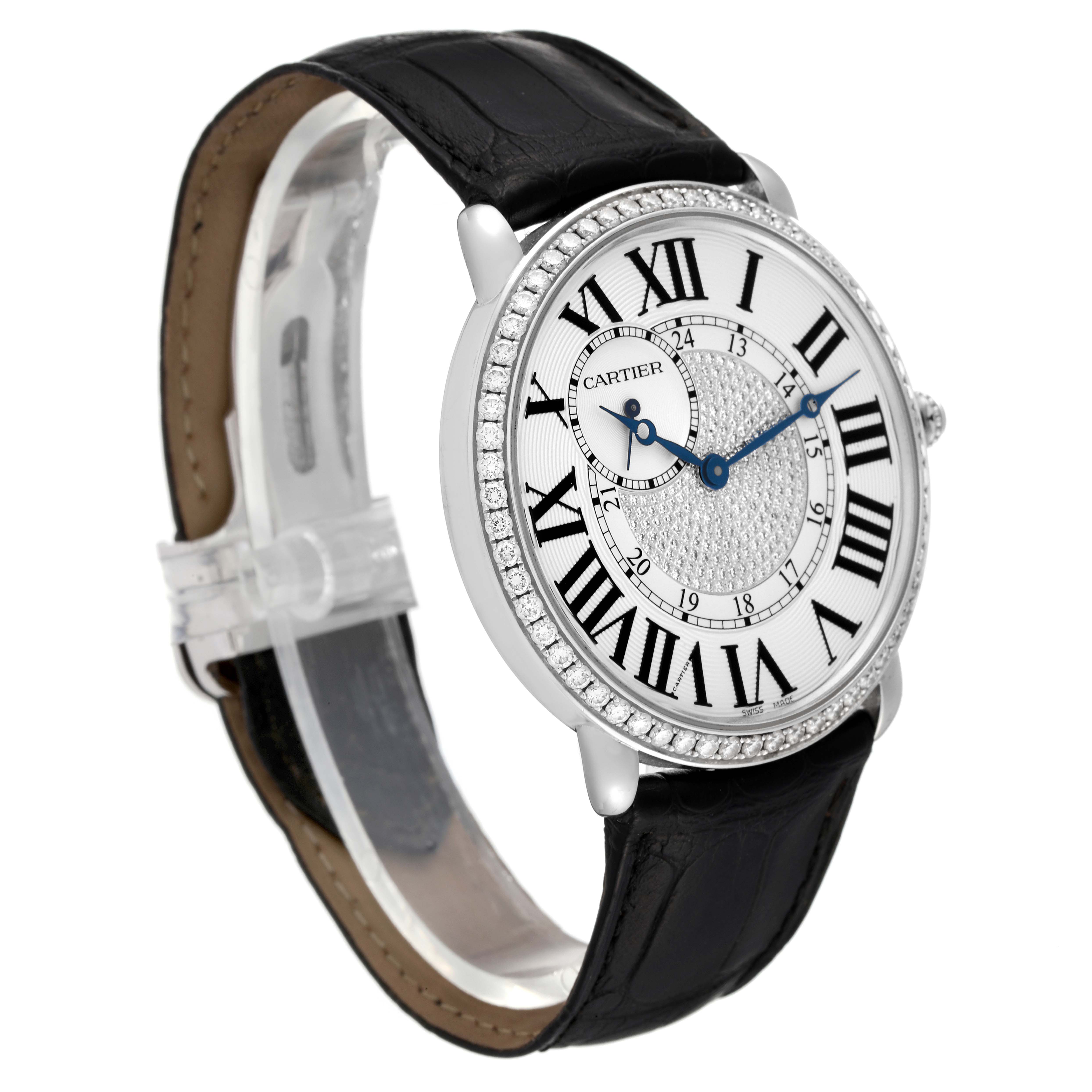 The image shows a Tank Louis model by Cartier from a three-quarter angle, displaying the watch face, bezel, and leather strap.