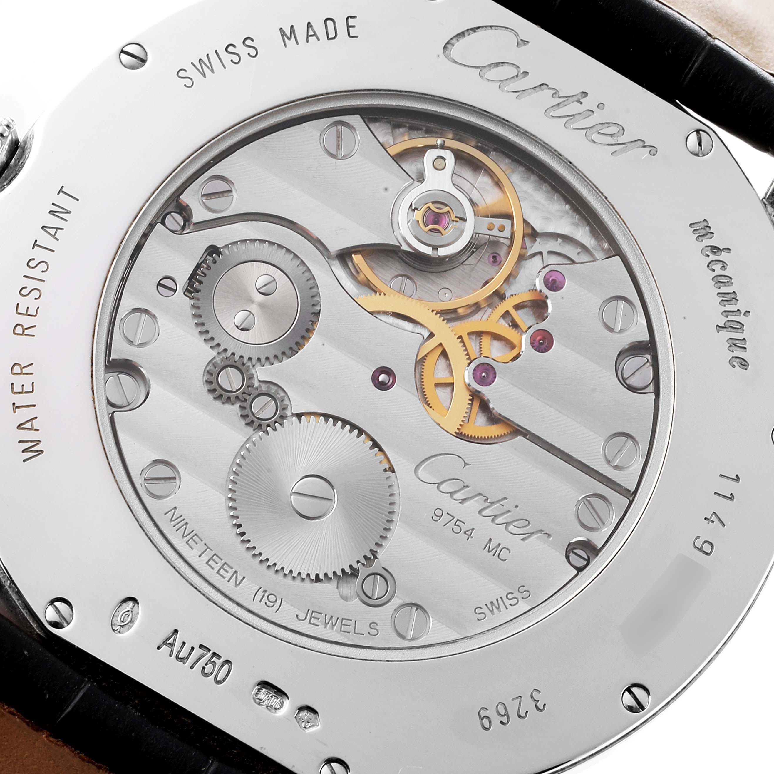 This image shows the back view of the Cartier Tank Louis watch, focusing on its intricate mechanical movement and engravings.