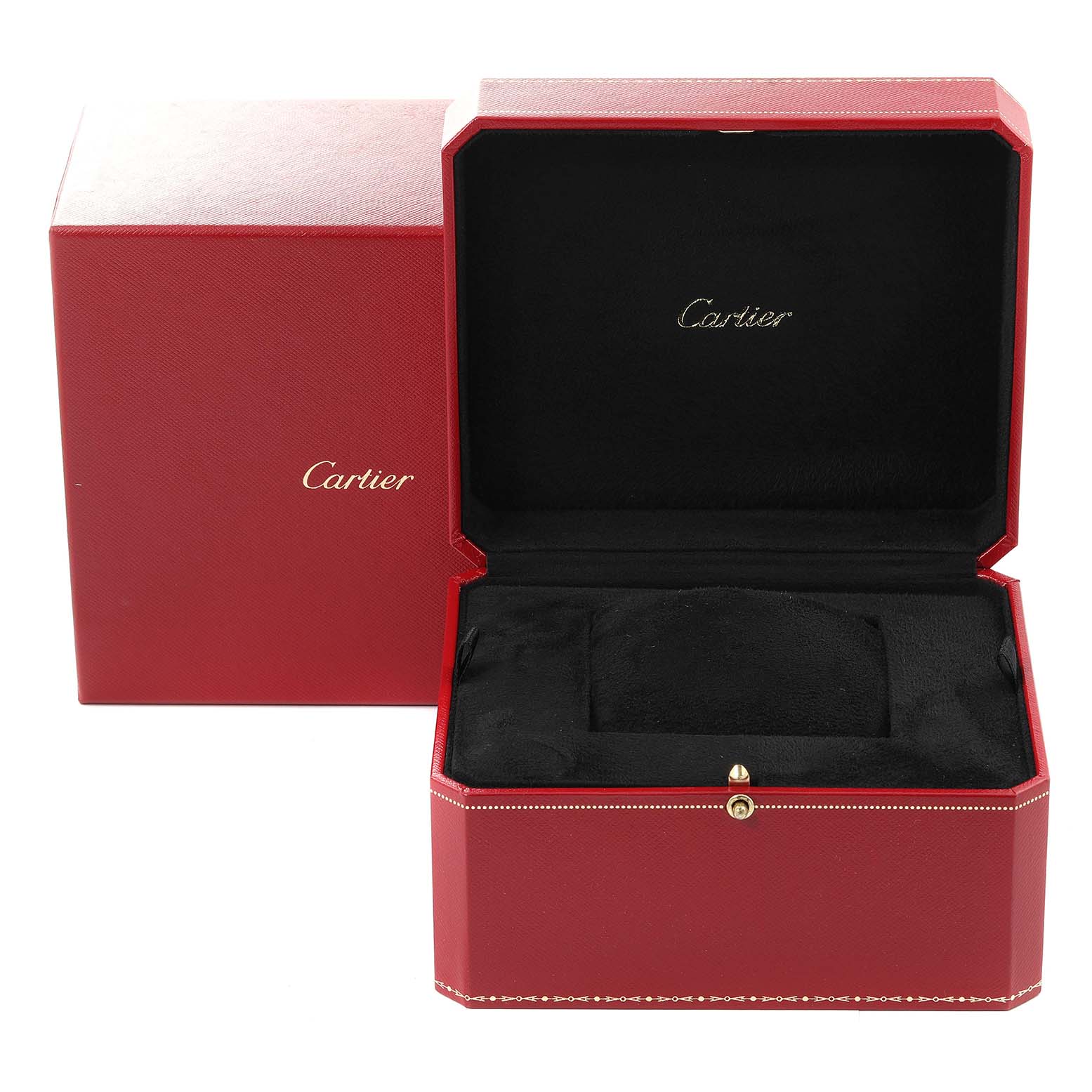 The image shows an open luxury red box with a velvet interior and the Cartier logo, part of the packaging for the Tank Louis Cartier watch.