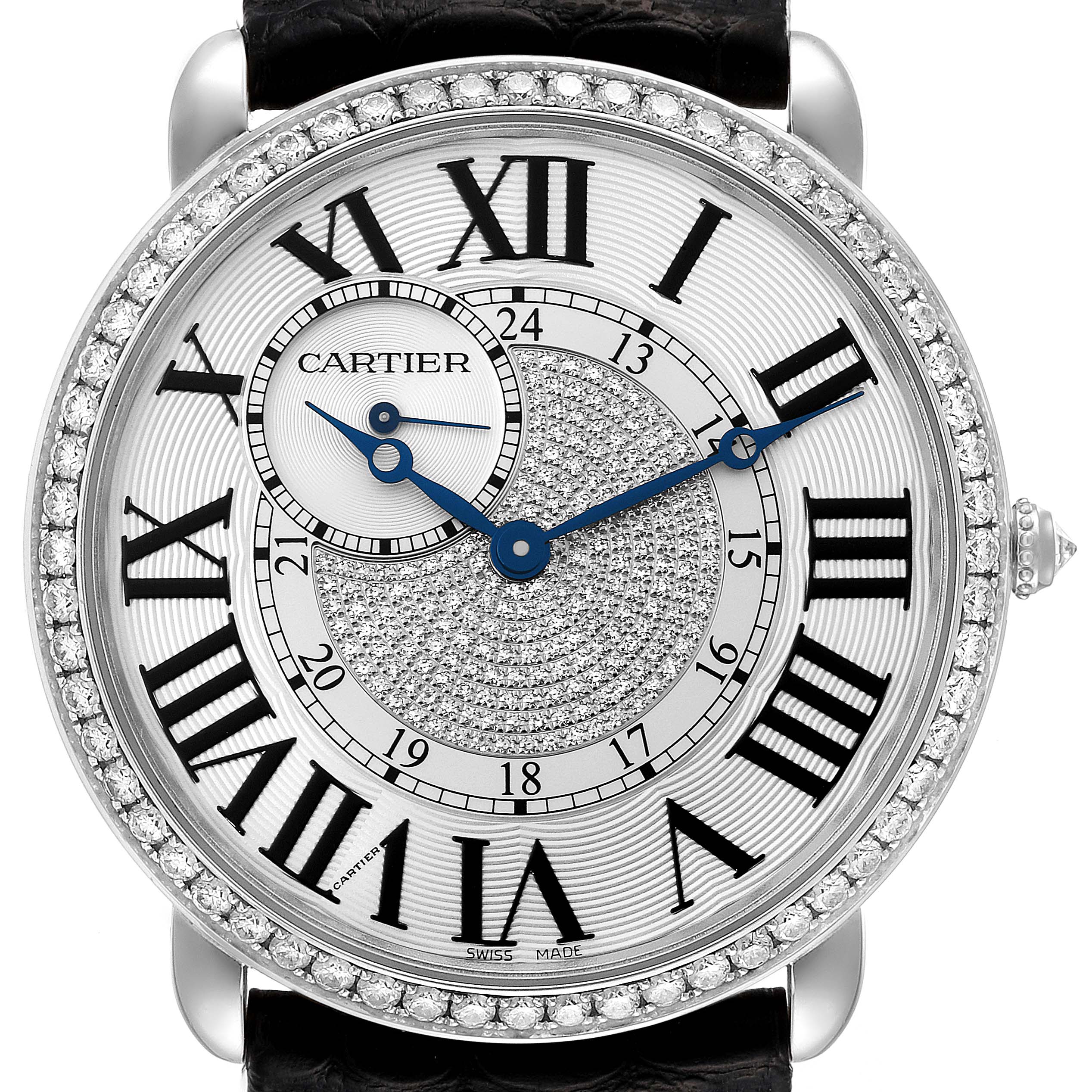 The Tank Louis model by Cartier is shown from a top-down angle, highlighting the intricate dial, Roman numerals, and diamond-set bezel.