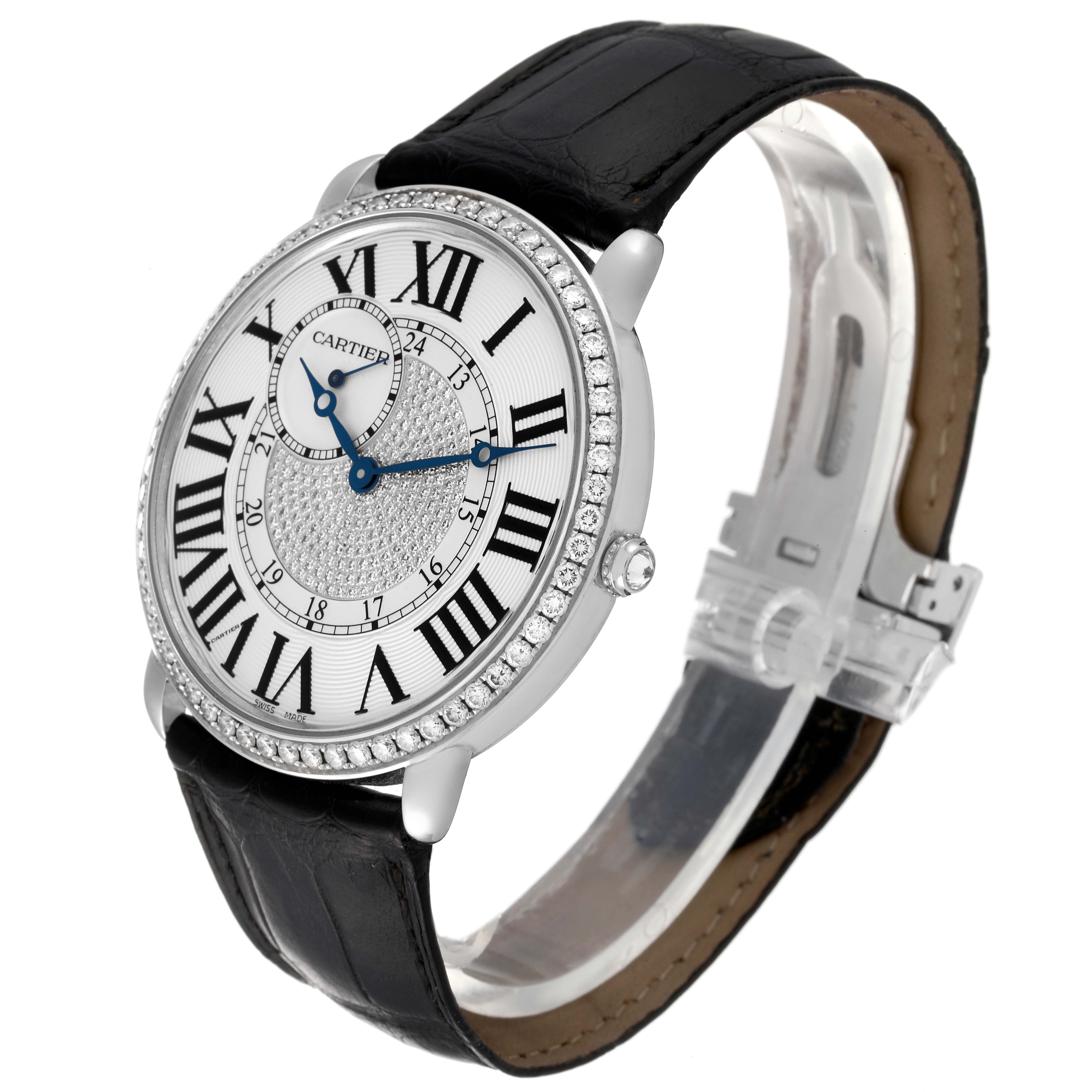 This image shows a Cartier Tank Louis watch at an angled view, highlighting the face, bezel, and strap.