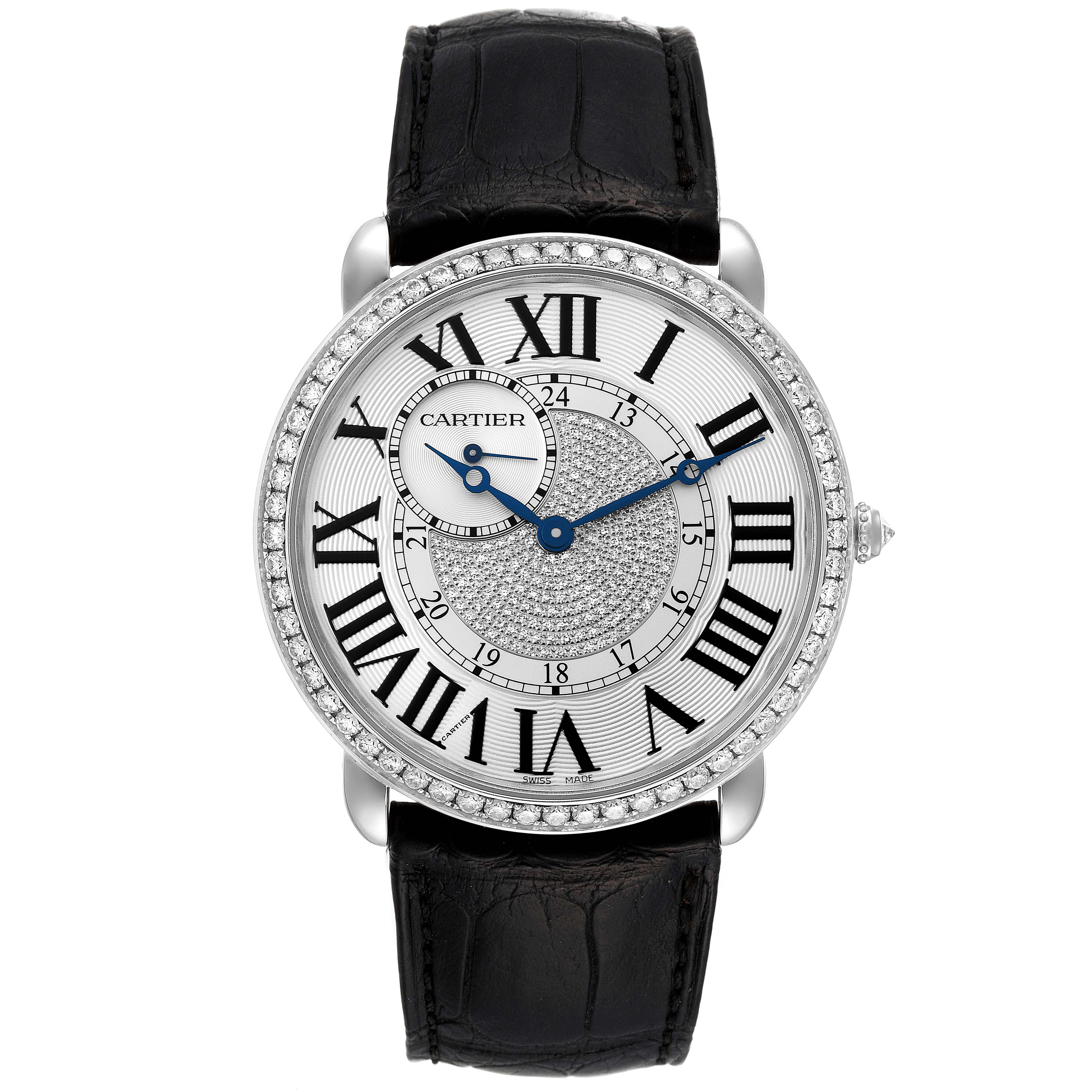The image shows a head-on view of the Cartier Tank Louis watch, featuring its dial, case, and leather strap.