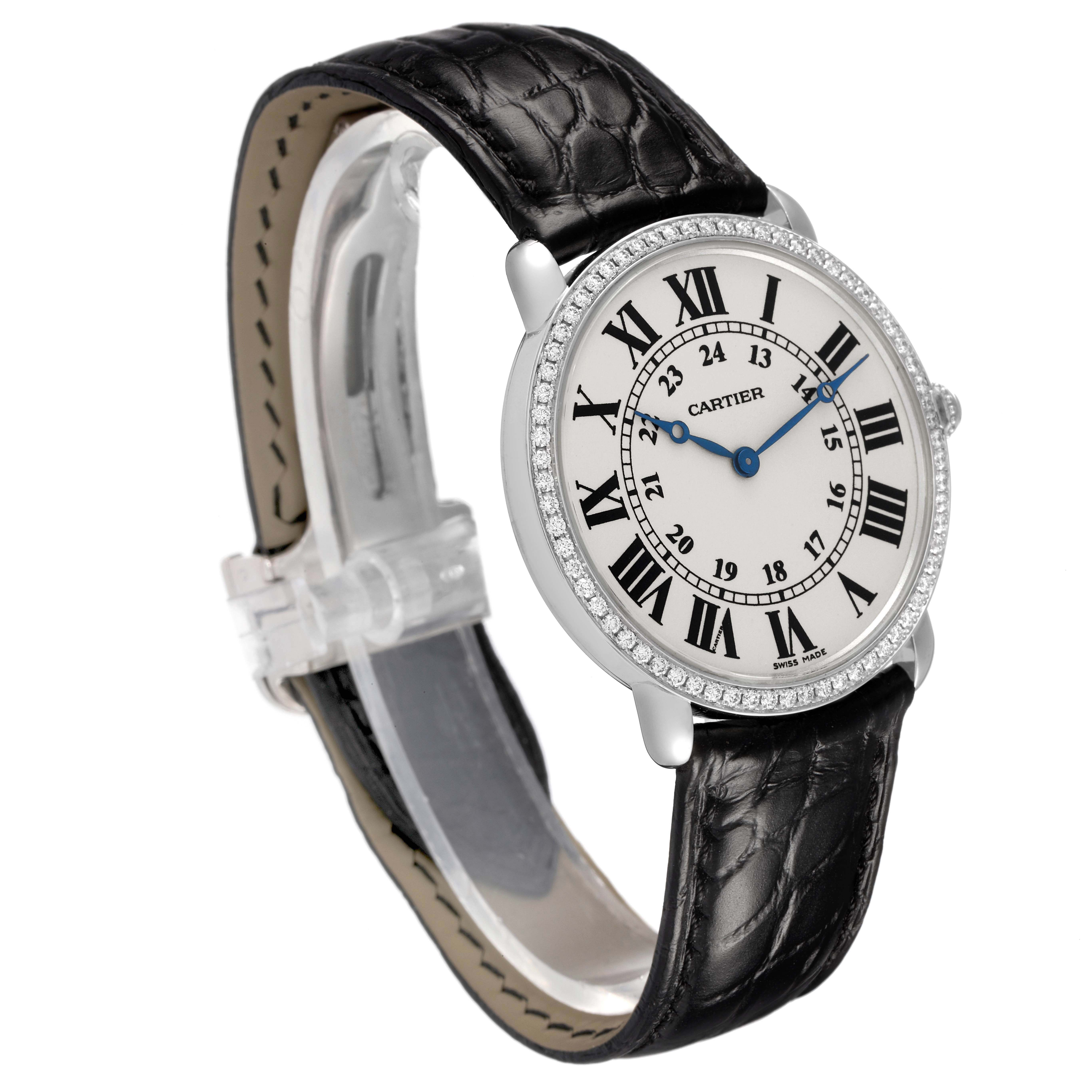 The Cartier Ronde WR000551 Women's White Gold Silver Dial watch is shown at a three-quarter angle, displaying its face, bezel, and leather strap.