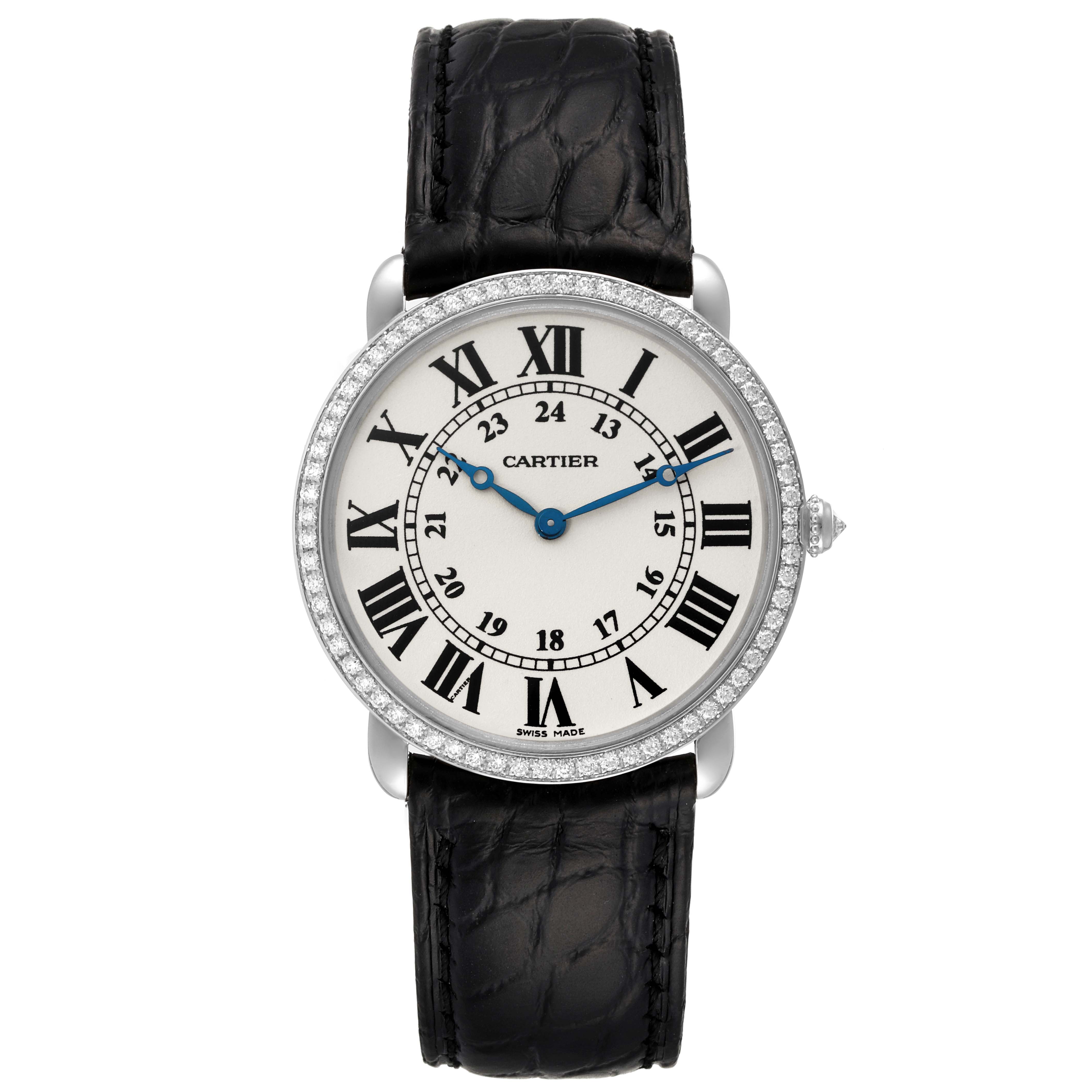 The image shows a frontal view of the Cartier Ronde WR000551 Men's White Gold Silver Dial WR000551 Men's White Gold Silver Dial watch, displaying the face, bezel, and leather strap.