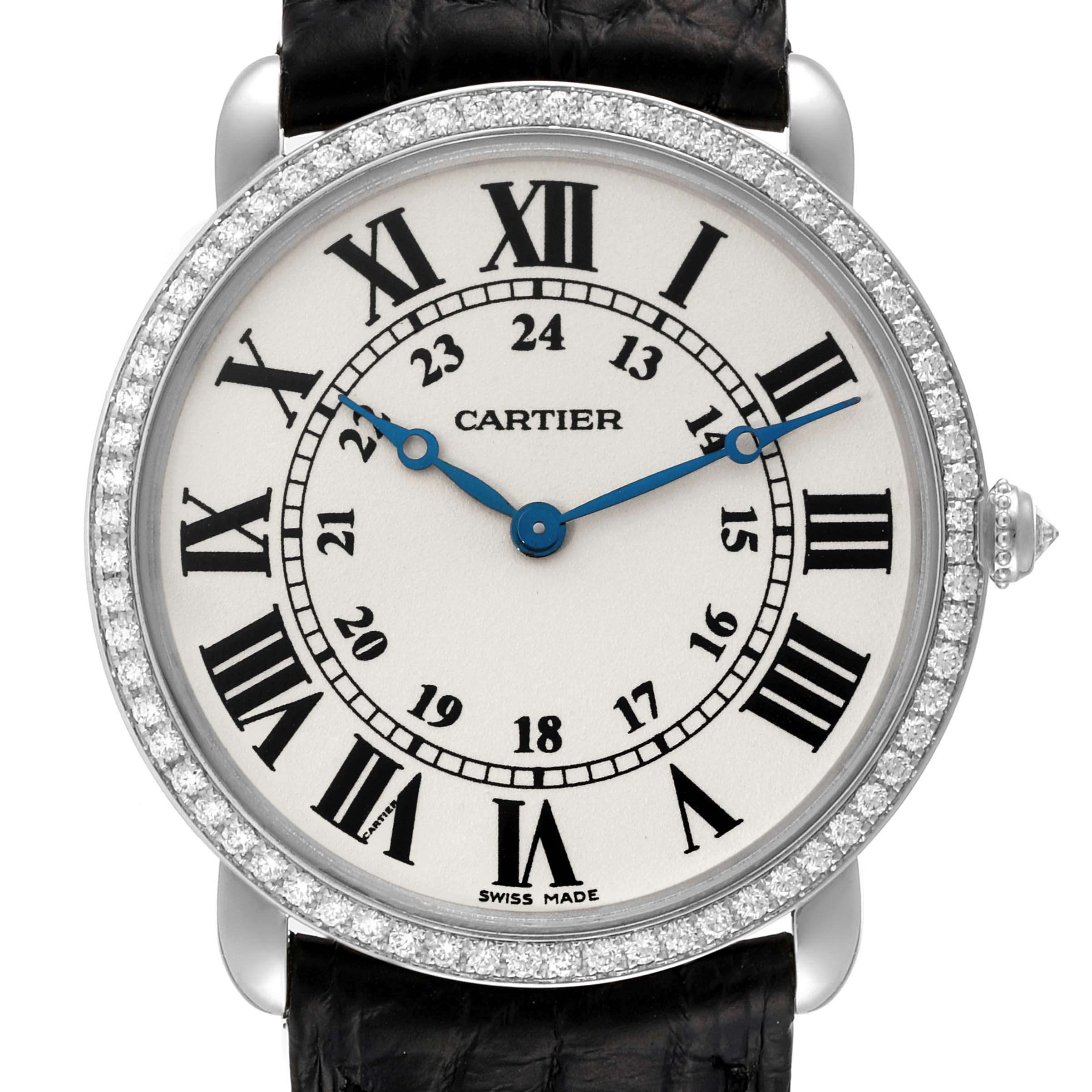 The Cartier Ronde WR000551 Men's White Gold Silver Dial WR000551 Men's White Gold Silver Dial watch is shown from the front, displaying the dial with Roman numerals, blued hands, and a diamond-set bezel.