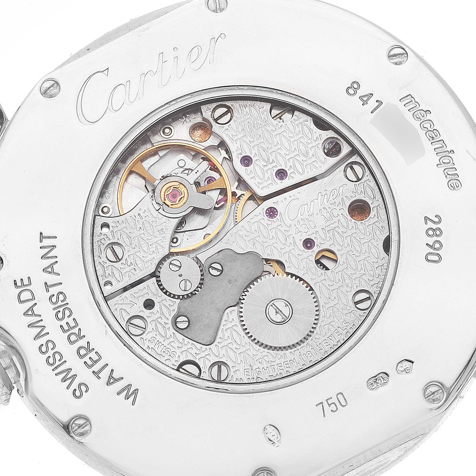 The image shows the back view of a Cartier Ronde WR000551 Men's White Gold Silver Dial WR000551 Men's White Gold Silver Dial watch, featuring its intricate mechanical movement.