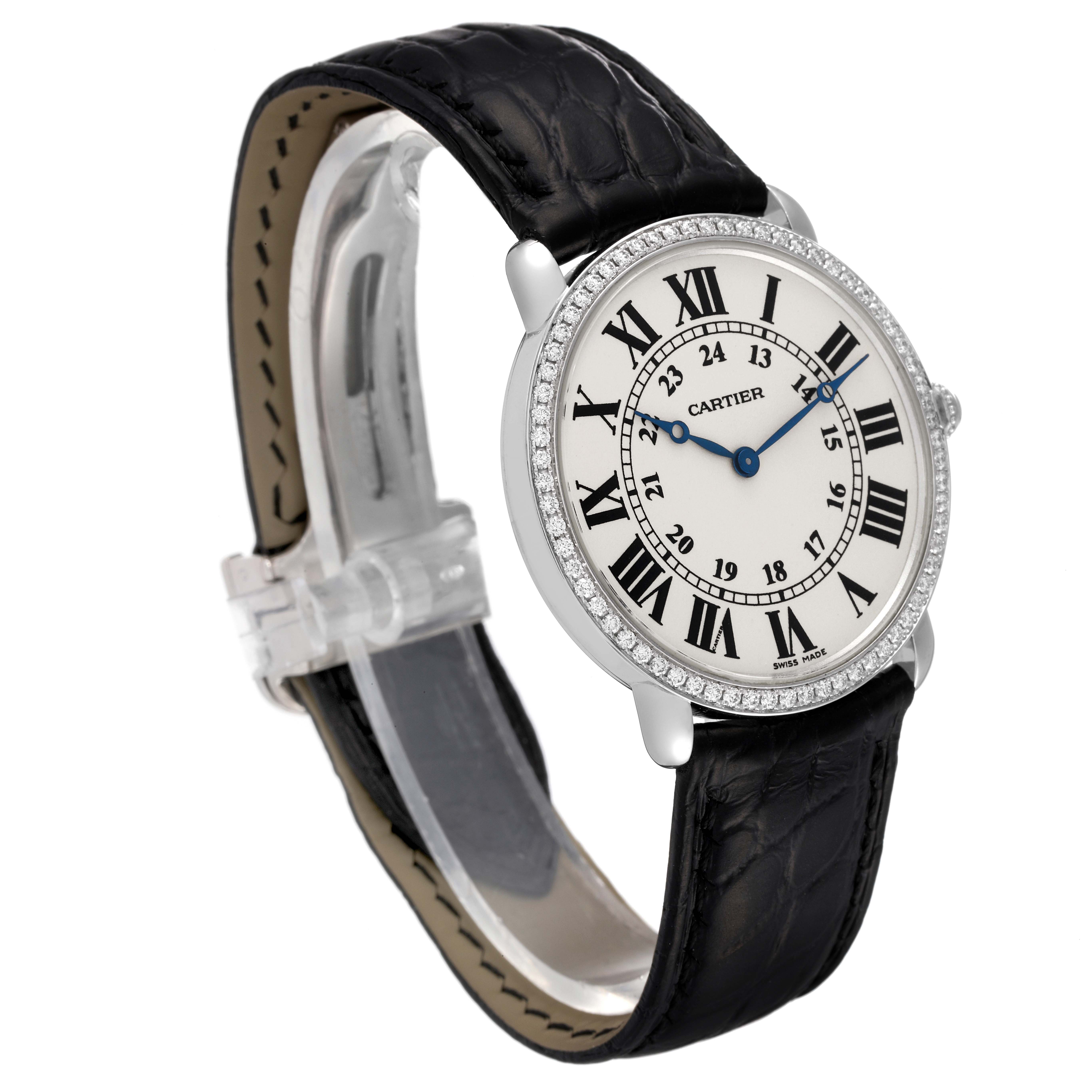 The Cartier Ronde WR000551 Men's White Gold Silver Dial WR000551 Men's White Gold Silver Dial watch is shown at a three-quarter angle, displaying the face, strap, and part of the buckle.