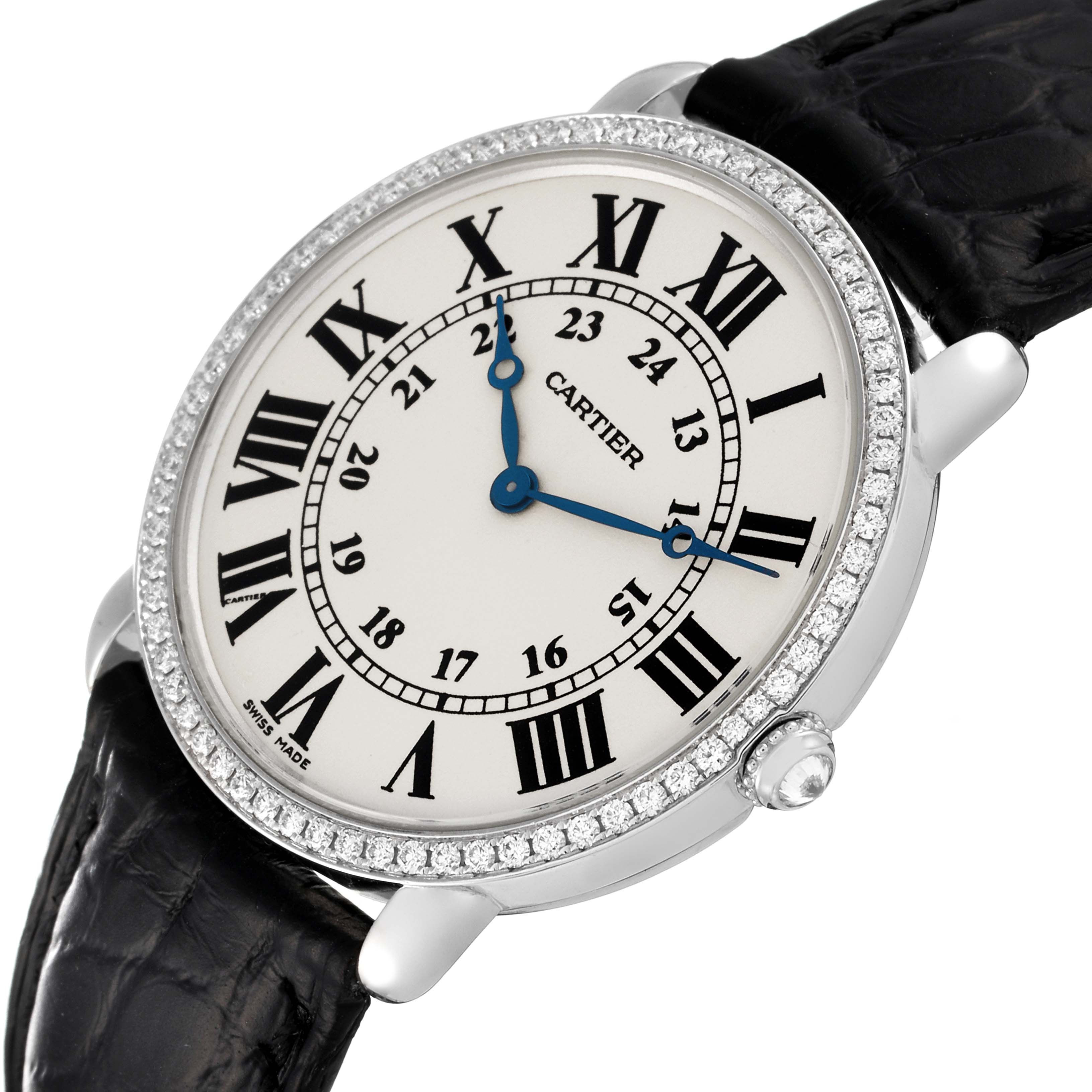 The image shows a Cartier Ronde WR000551 Men's White Gold Silver Dial WR000551 Men's White Gold Silver Dial watch from a slightly angled top view, highlighting the dial, bezel, and part of the leather strap.